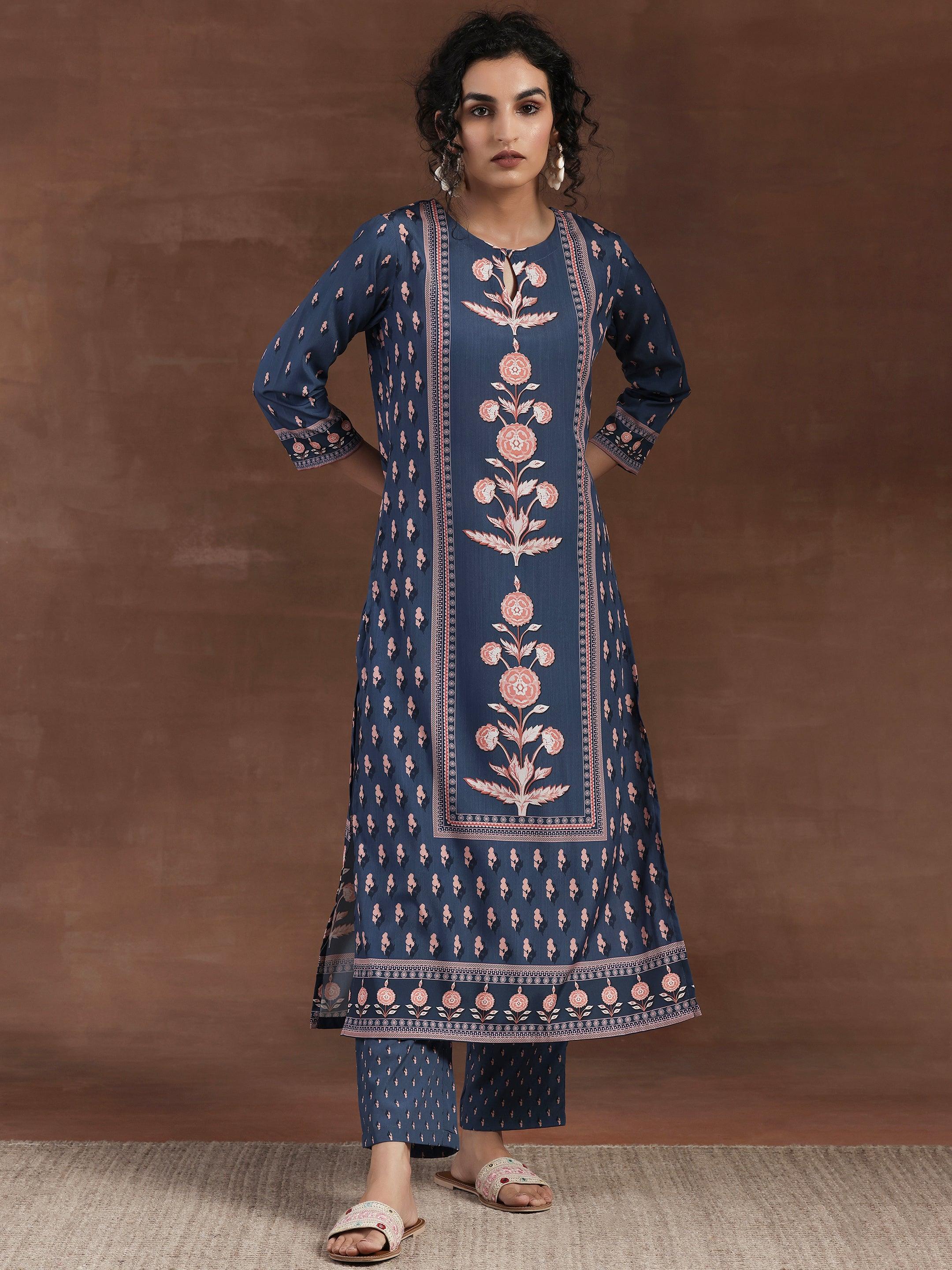 Blue Printed Poly Crepe Straight Kurta Set