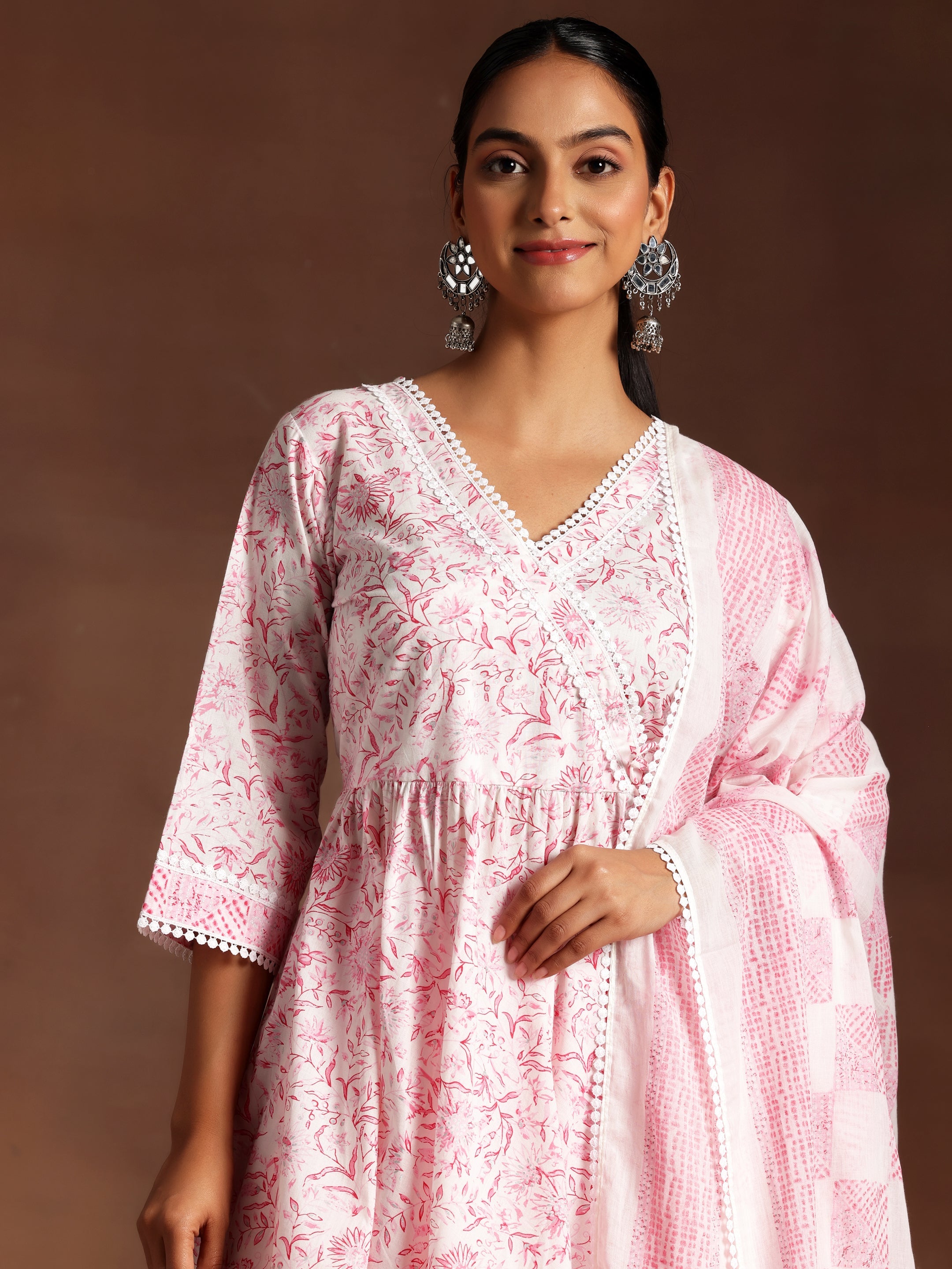 Tabassum  Pink Printed Cotton A-Line Kurta With Palazzos & Dupatta