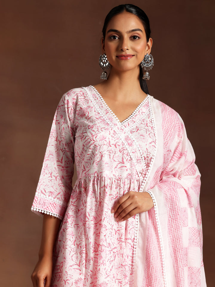 Gulrukh  Pink Printed Cotton A-Line Kurta With Palazzos & Dupatta