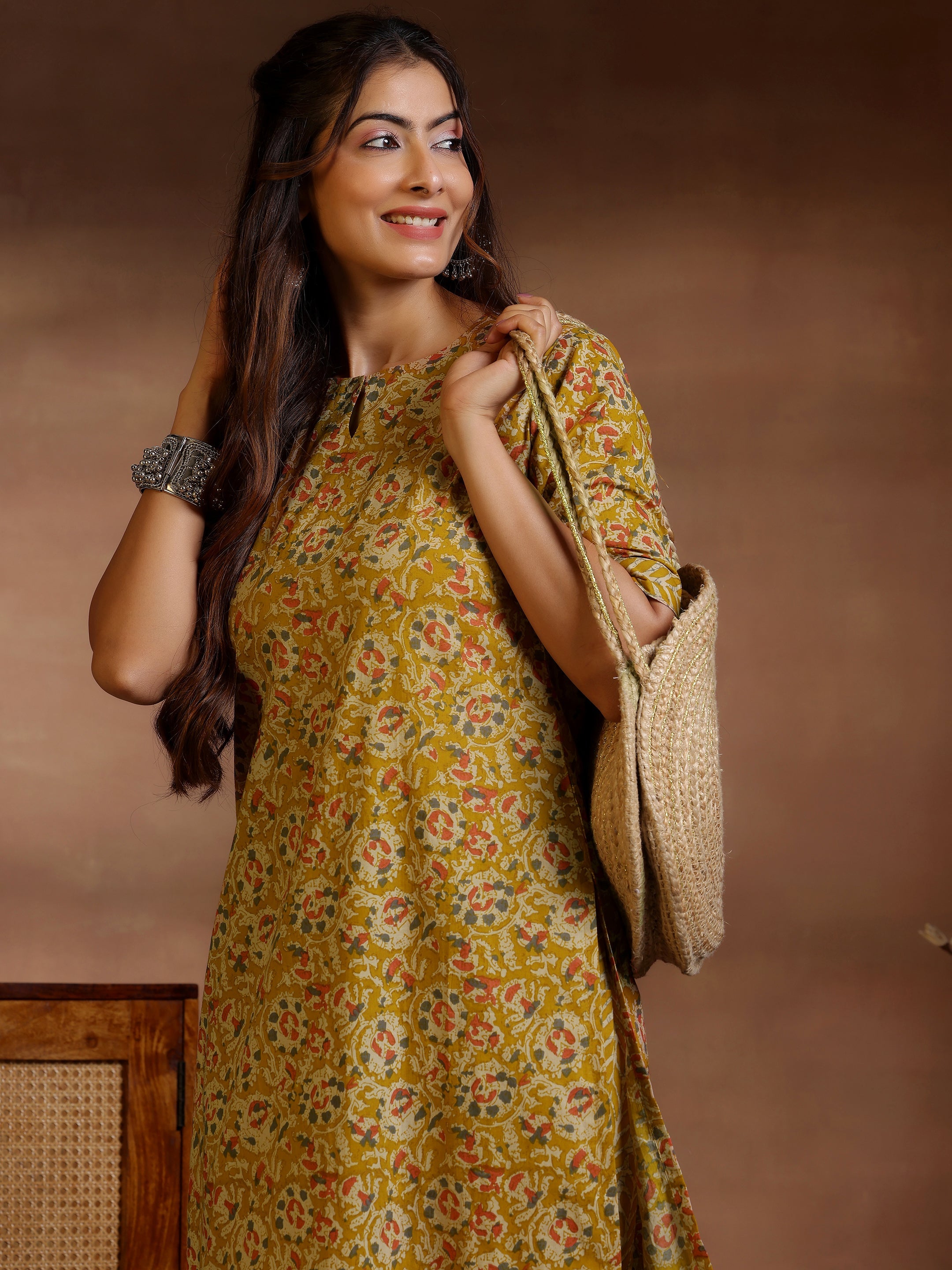 Mustard Printed Cotton Straight Kurta Set