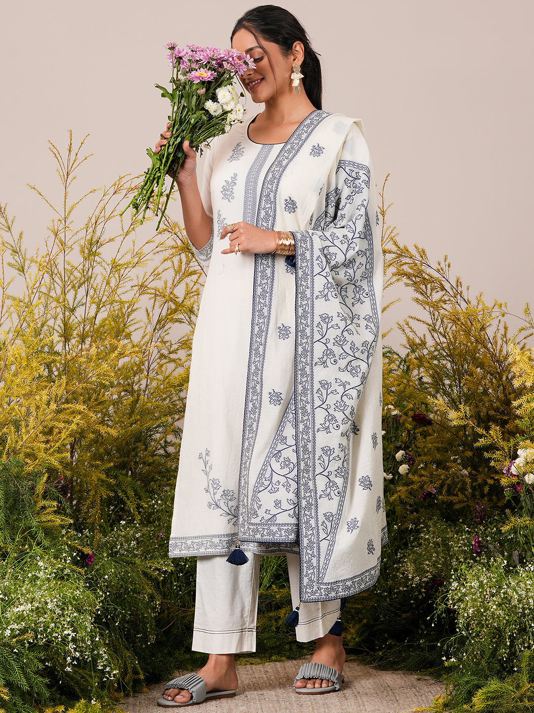 Off White Woven Design Cotton Straight Suit With Dupatta