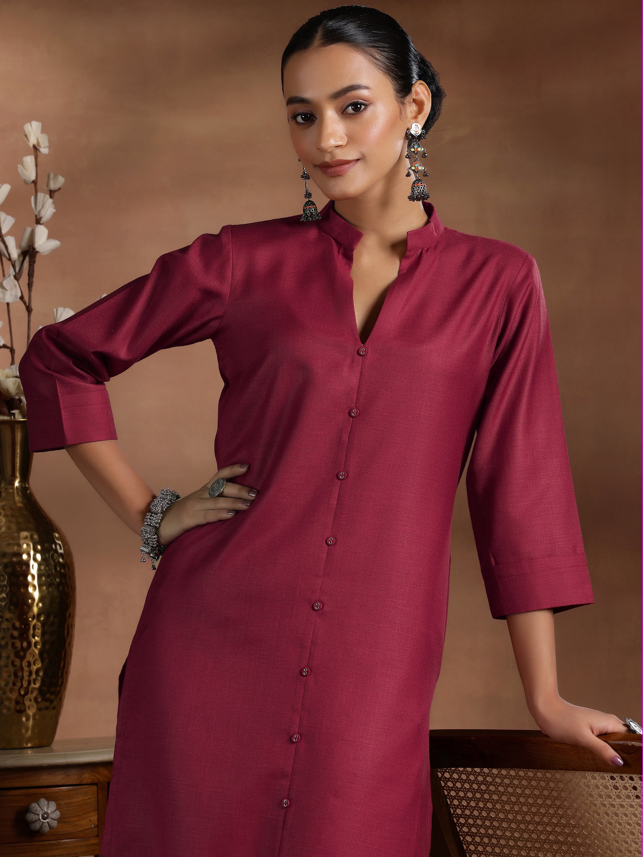 Maroon Solid Silk Straight Kurta