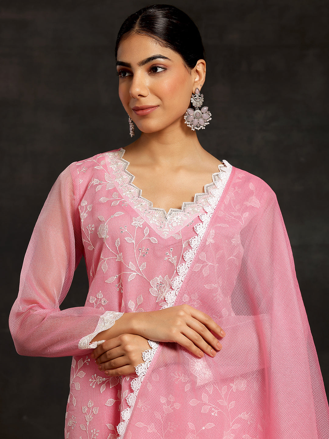 Pink Embroidered Cotton Straight Suit With Dupatta