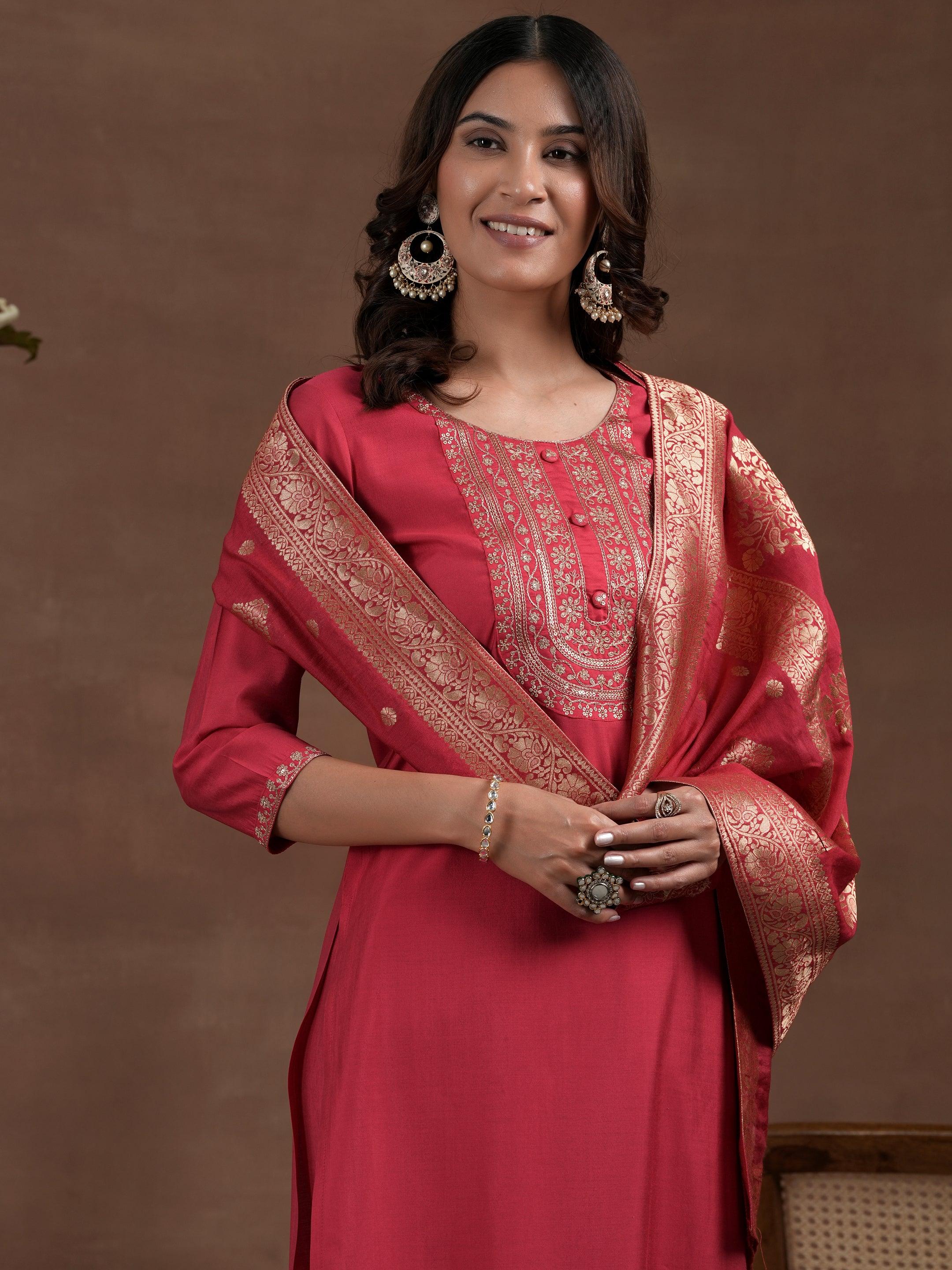 Pink Yoke Design Silk Blend Straight Suit With Dupatta