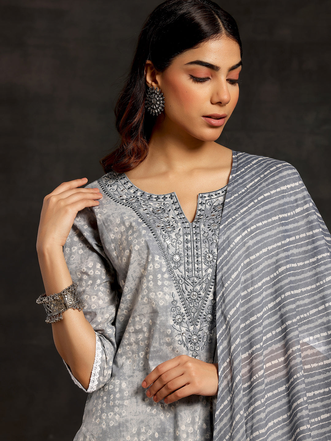 Grey Printed Cotton Straight Suit With Dupatta