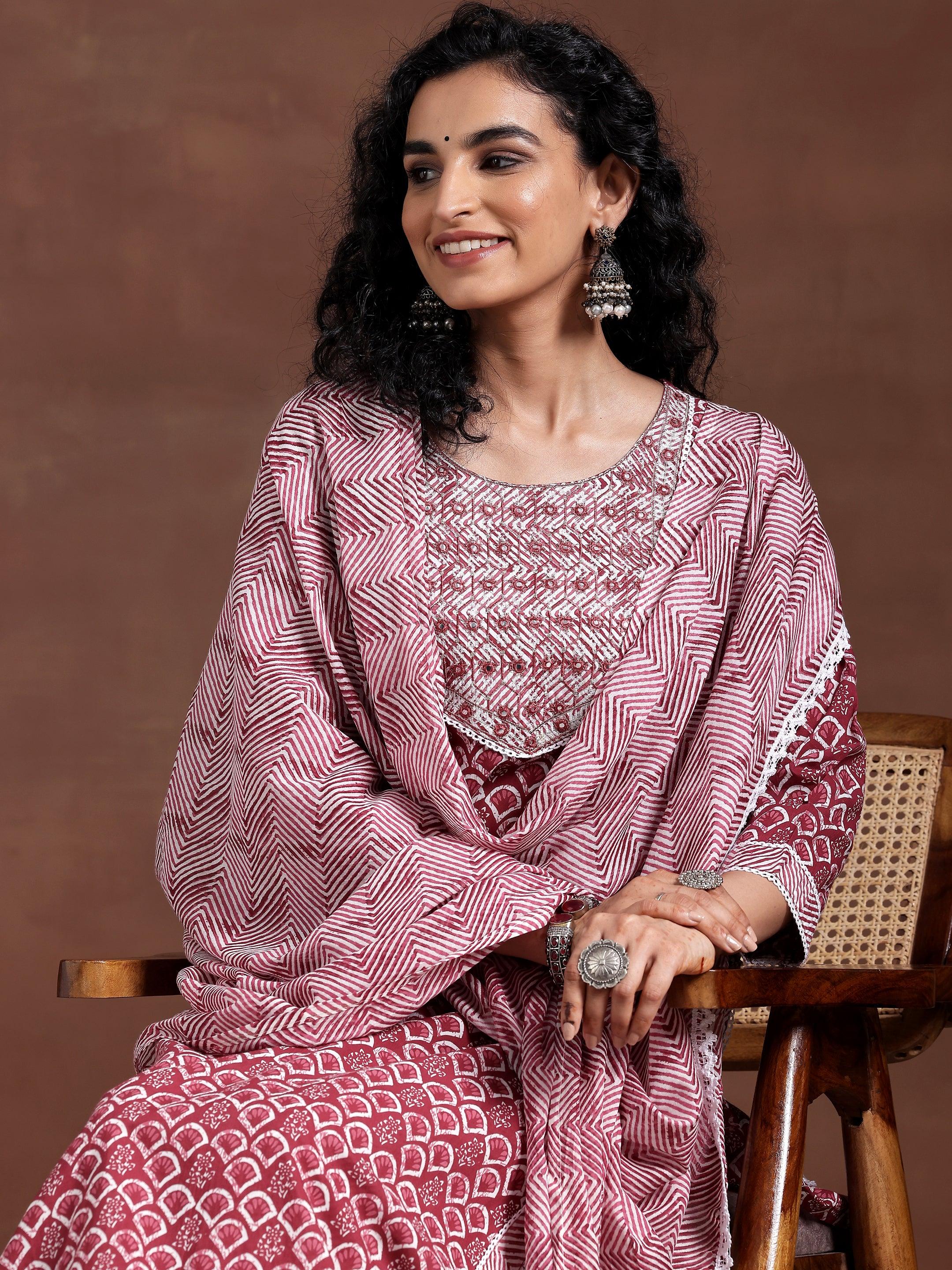 Maroon Printed Cotton Straight Suit With Dupatta