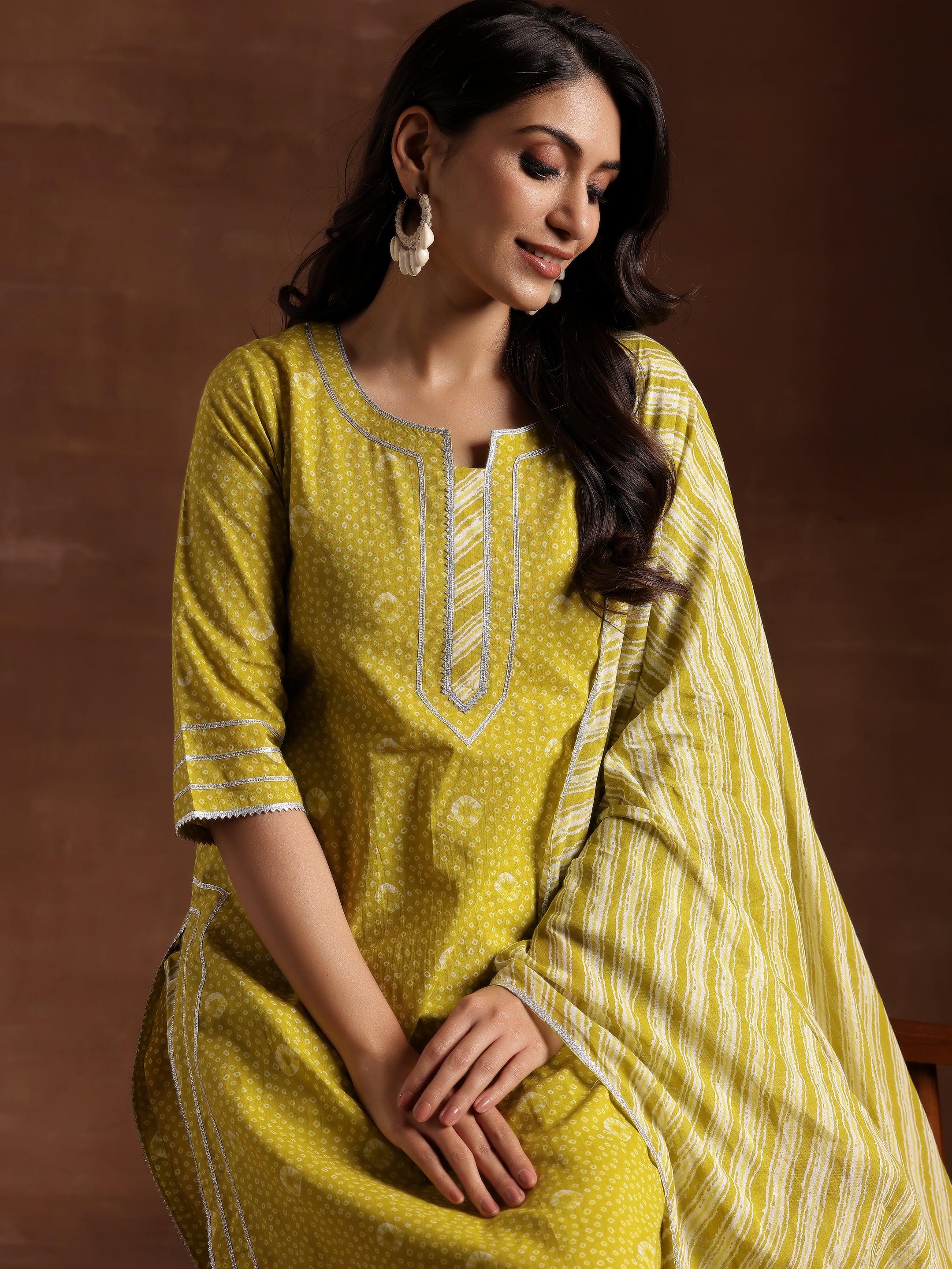 Lime Green Printed Cotton Straight Suit With Dupatta