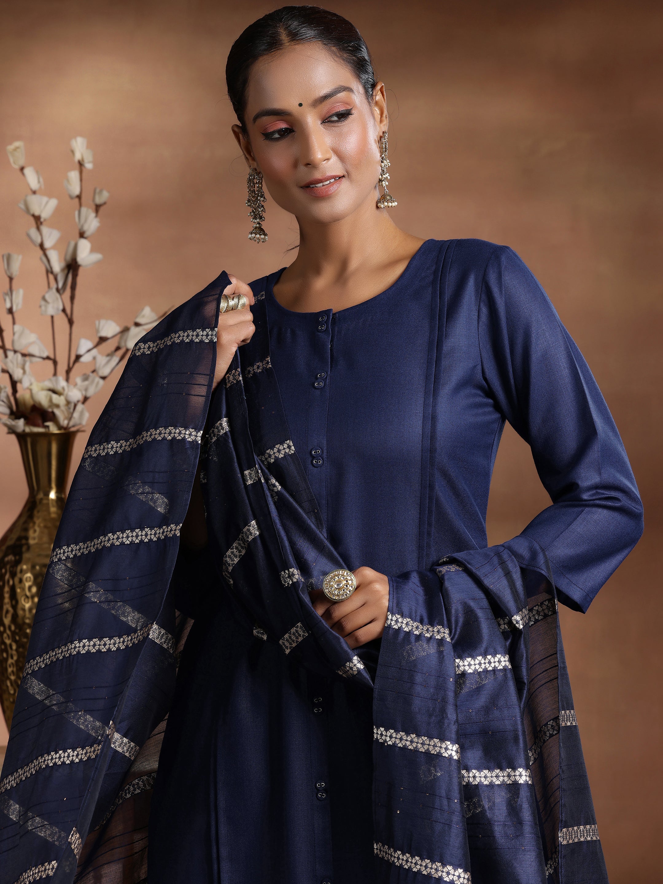 Navy Blue Solid Cotton Blend Straight Suit With Dupatta