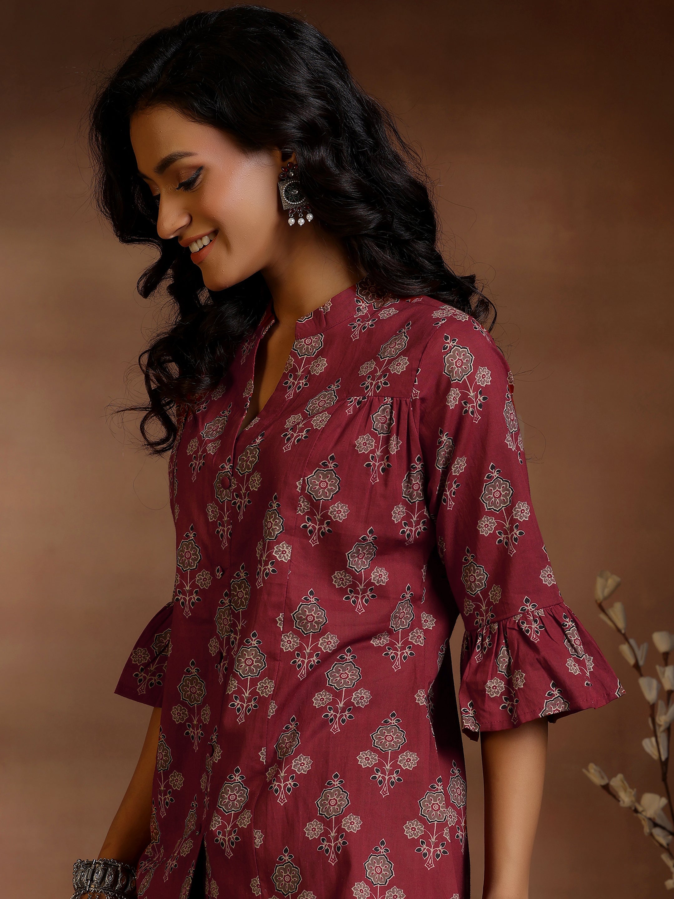 Maroon Printed Cotton A-Line Kurti