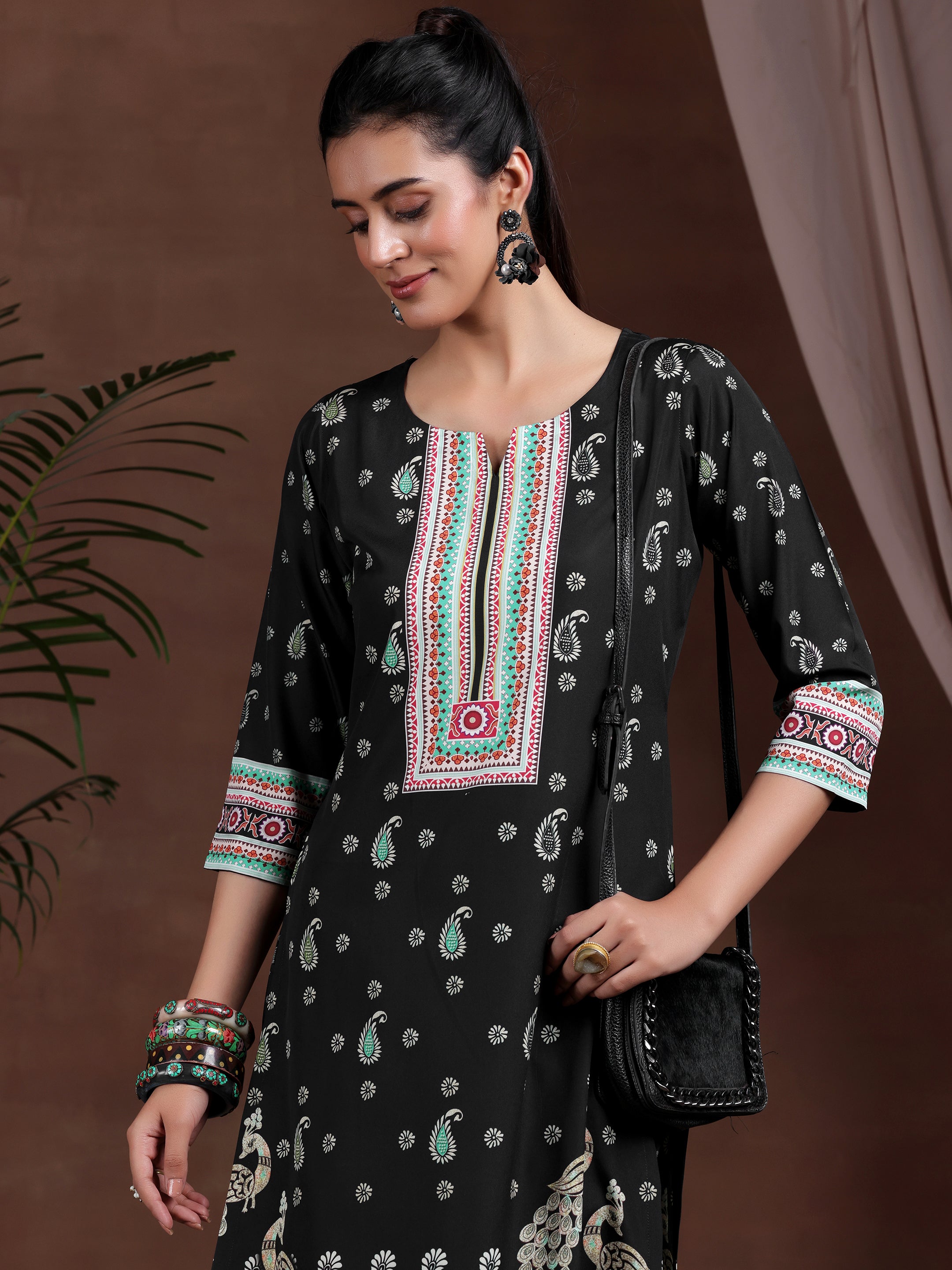 Black Printed Poly Crepe Straight Suit With Dupatta