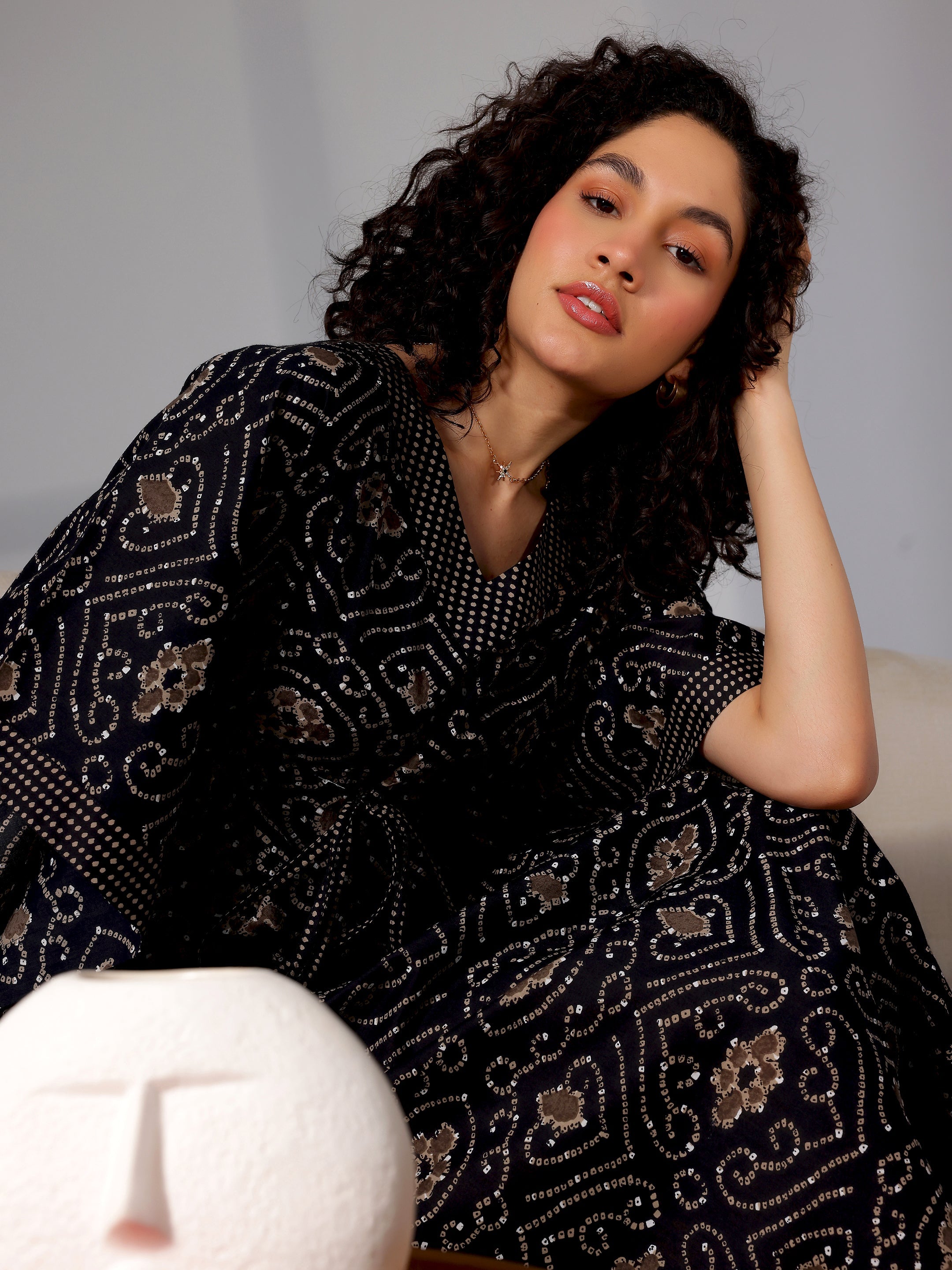 Black Printed Cotton Kaftan Night Dress