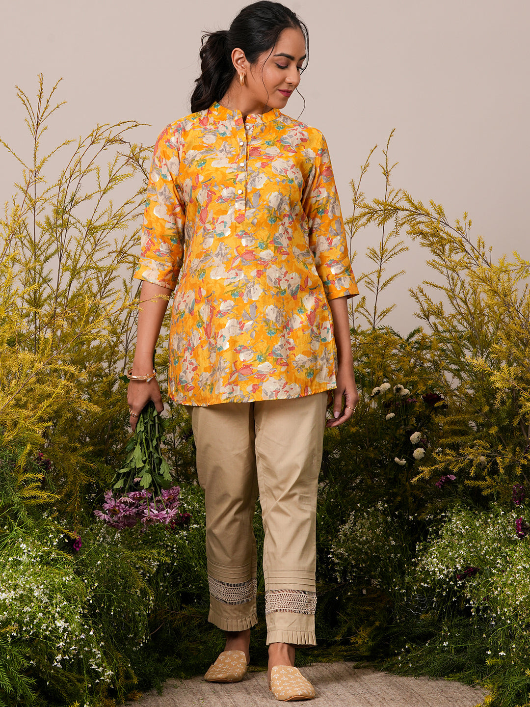 Yellow Printed Silk Blend A-Line Kurti