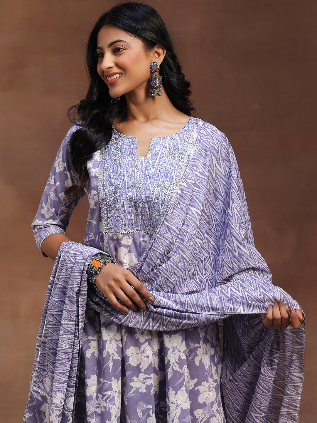 Lavender Printed Cotton Anarkali Suit With Dupatta