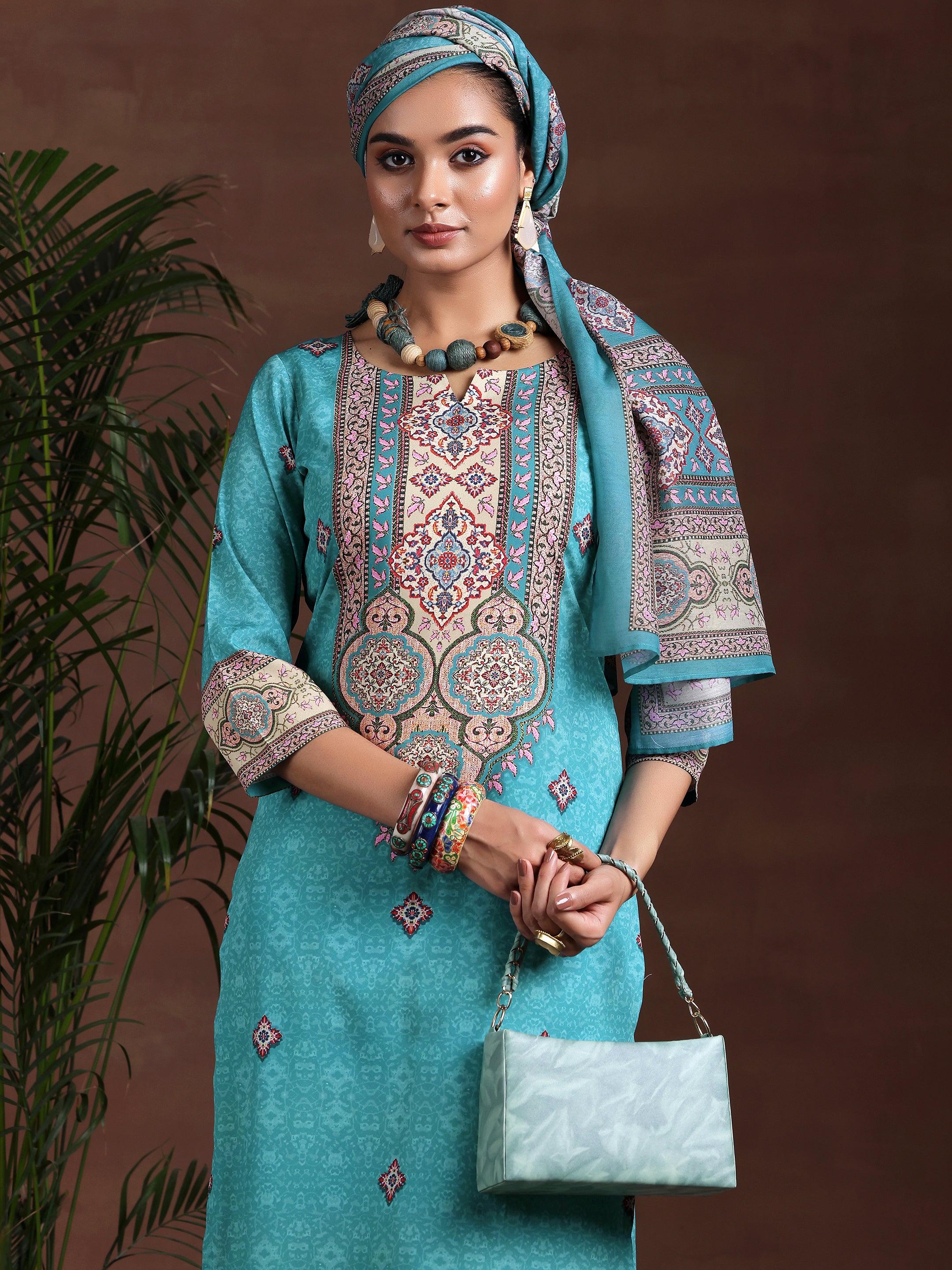 Blue Printed Poly Crepe Straight Suit With Dupatta