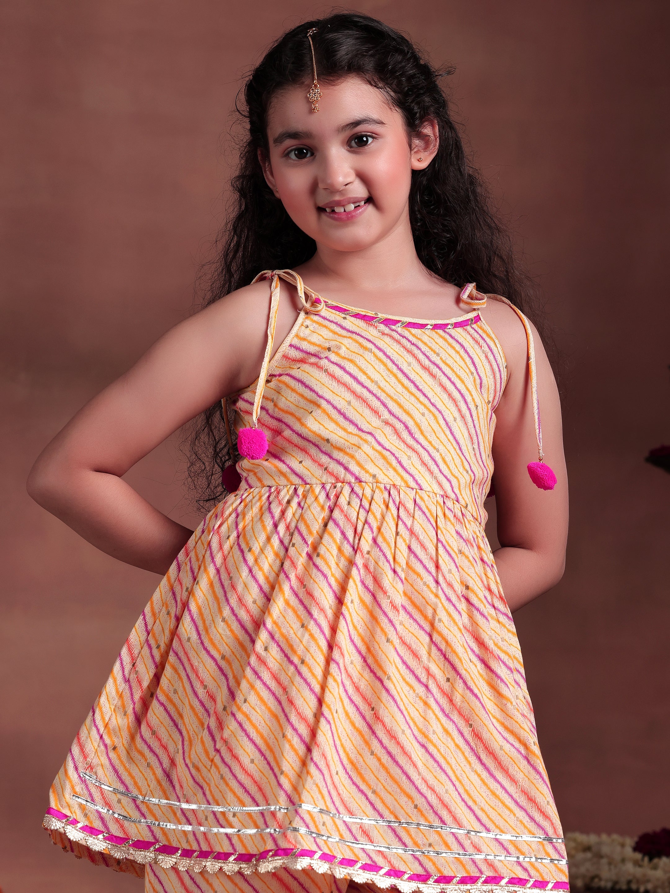 Kids Yellow Printed Cotton A-Line Kurta With Sharara & Dupatta