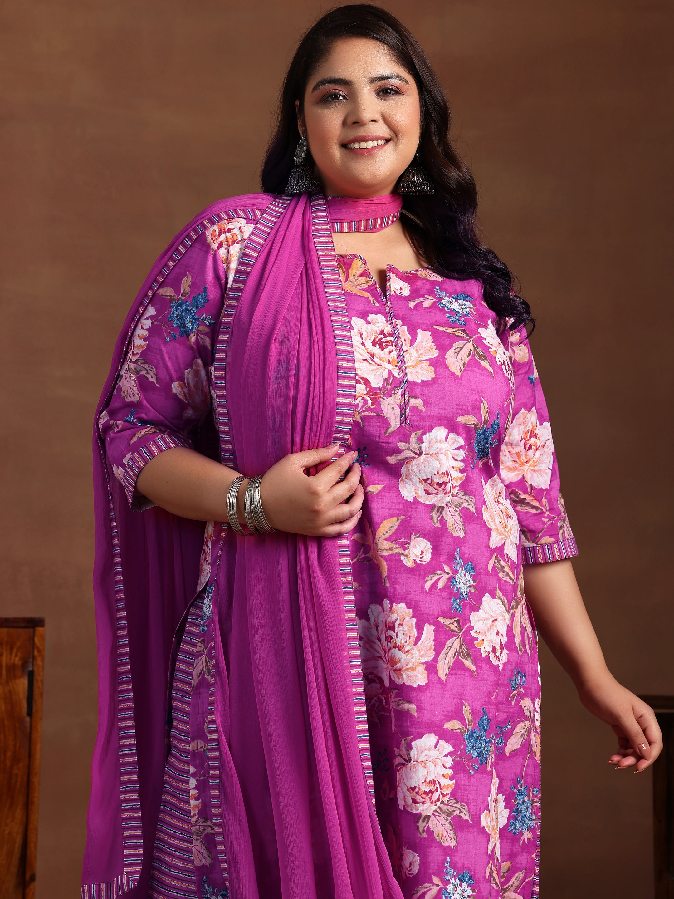 Plus Size Pink Printed Cotton Straight Suit With Dupatta