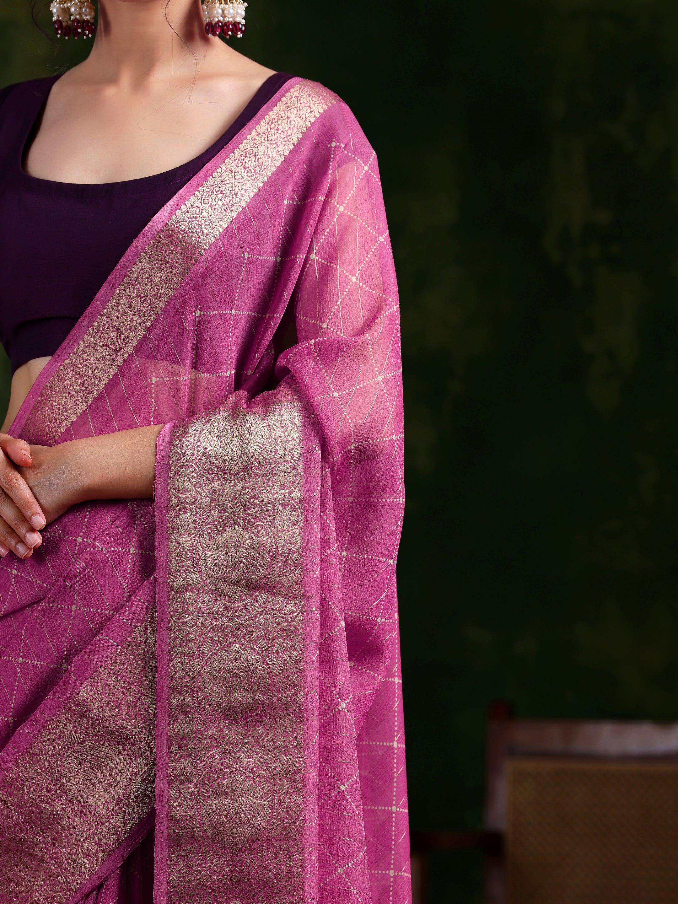 Pink Printed Silk Blend Saree With Unstitched Blouse Piece