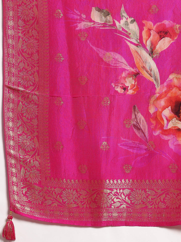 Pink Woven Design Silk Blend Straight Kurta With Trousers & Dupatta - ShopLibas