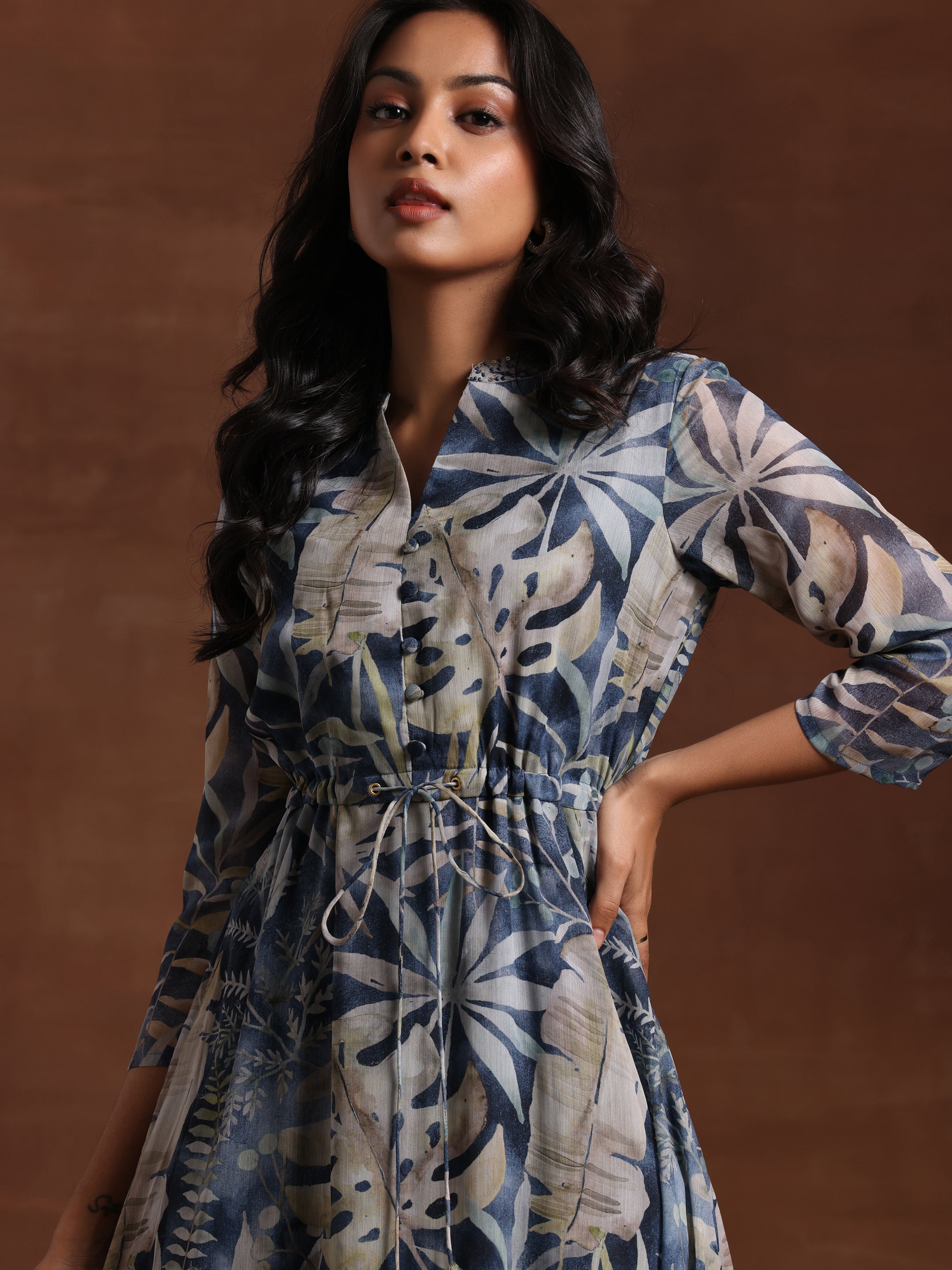 Blue Printed Chiffon A-Line Dress