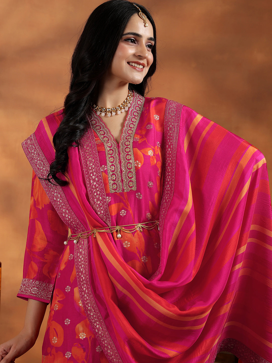 Pink Printed Silk Blend Straight Suit With Dupatta