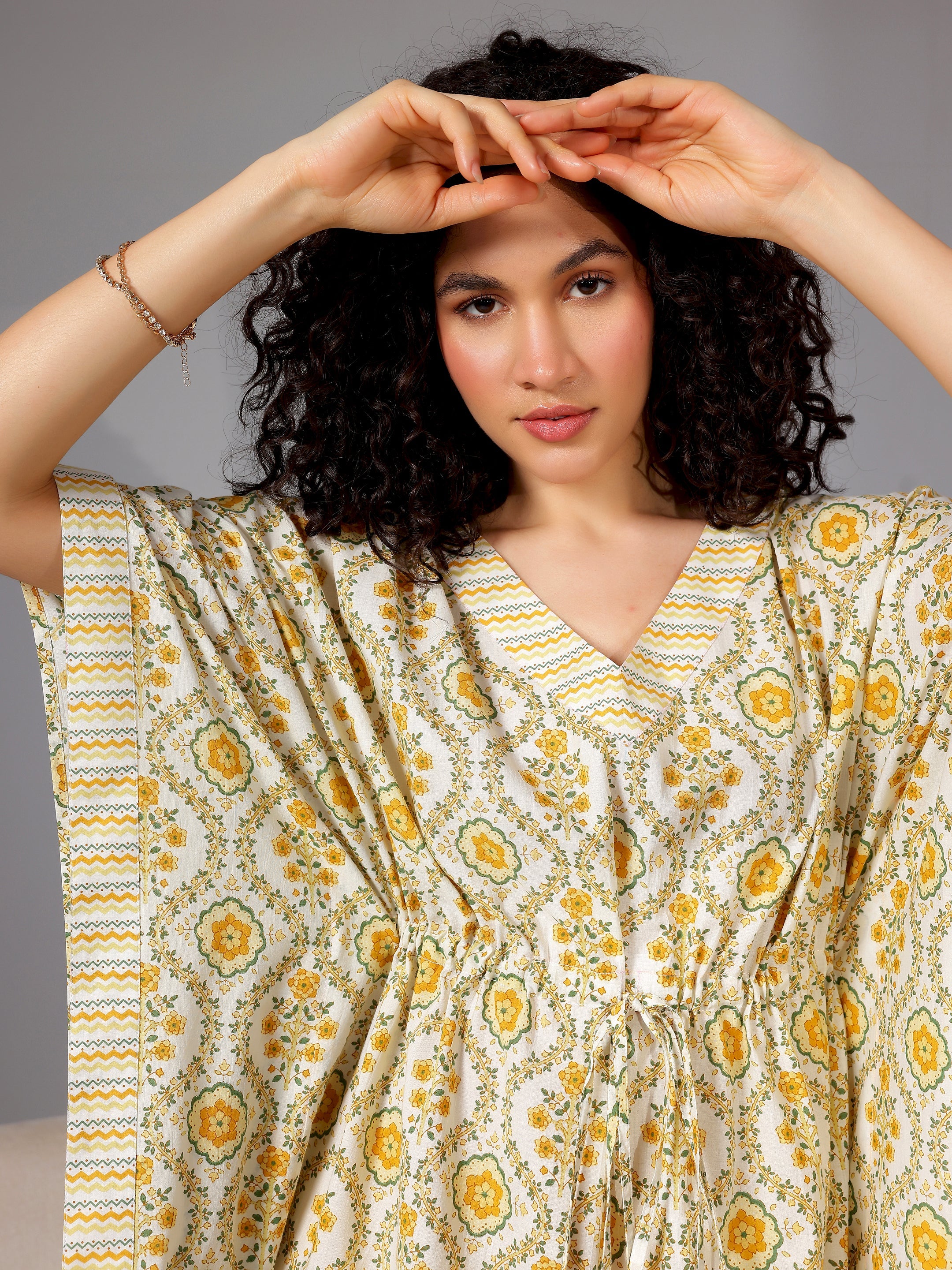 Yellow Printed Cotton Kaftan Night Dress