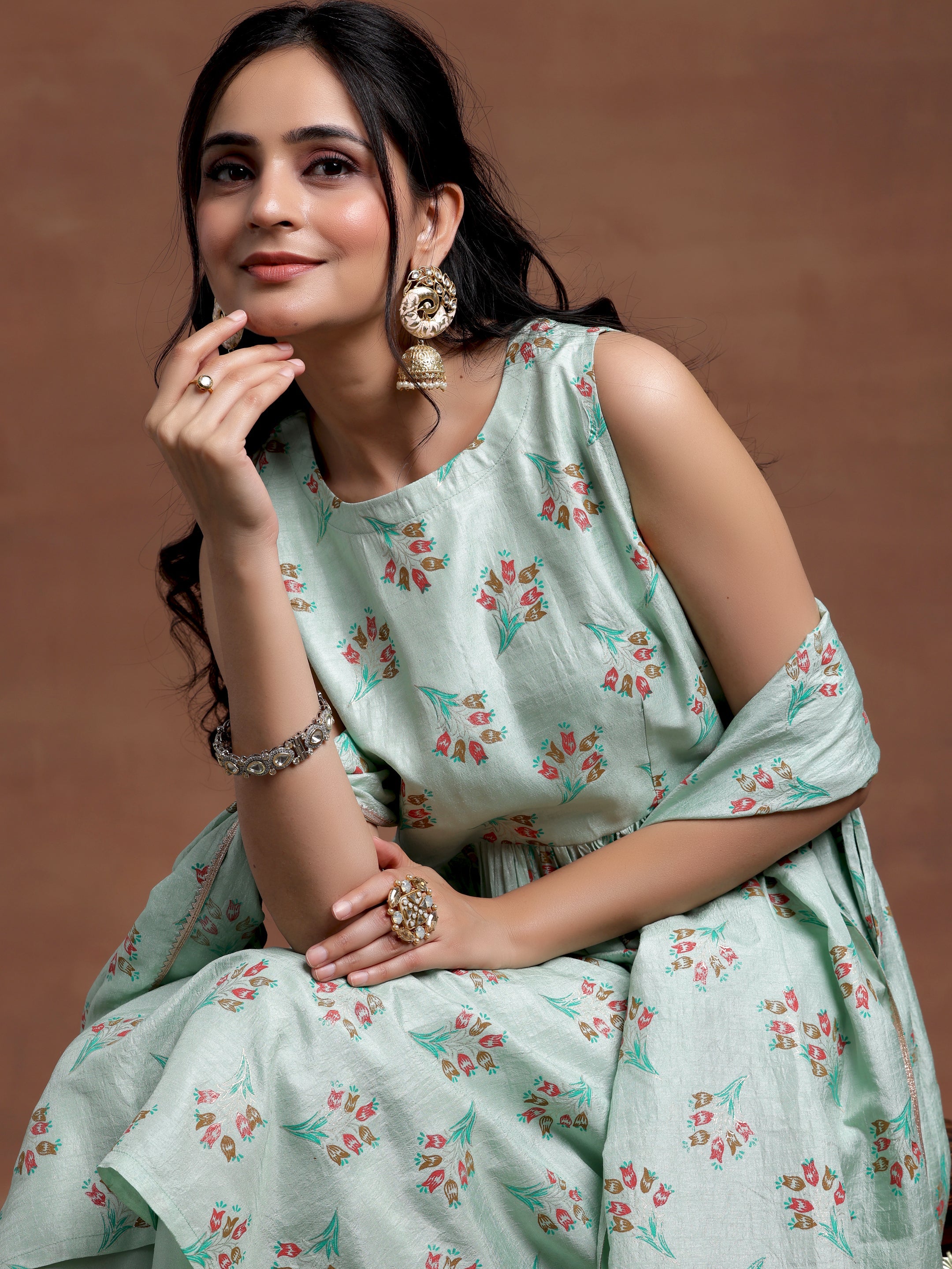 Sea green Printed Silk Blend A-Line Kurta With Palazzos & Dupatta