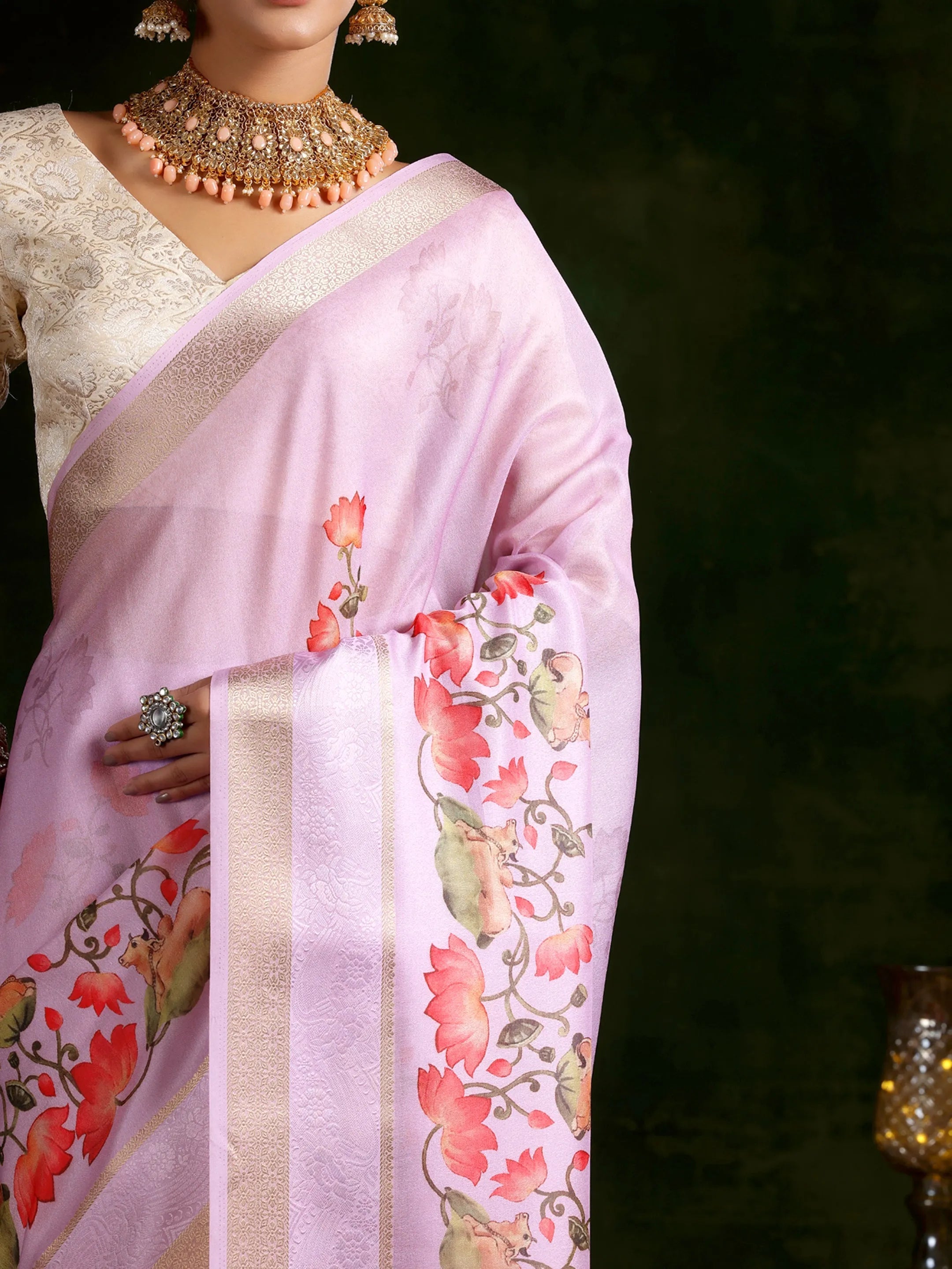 Lavender Printed Silk Blend Saree With Unstitched Blouse Piece