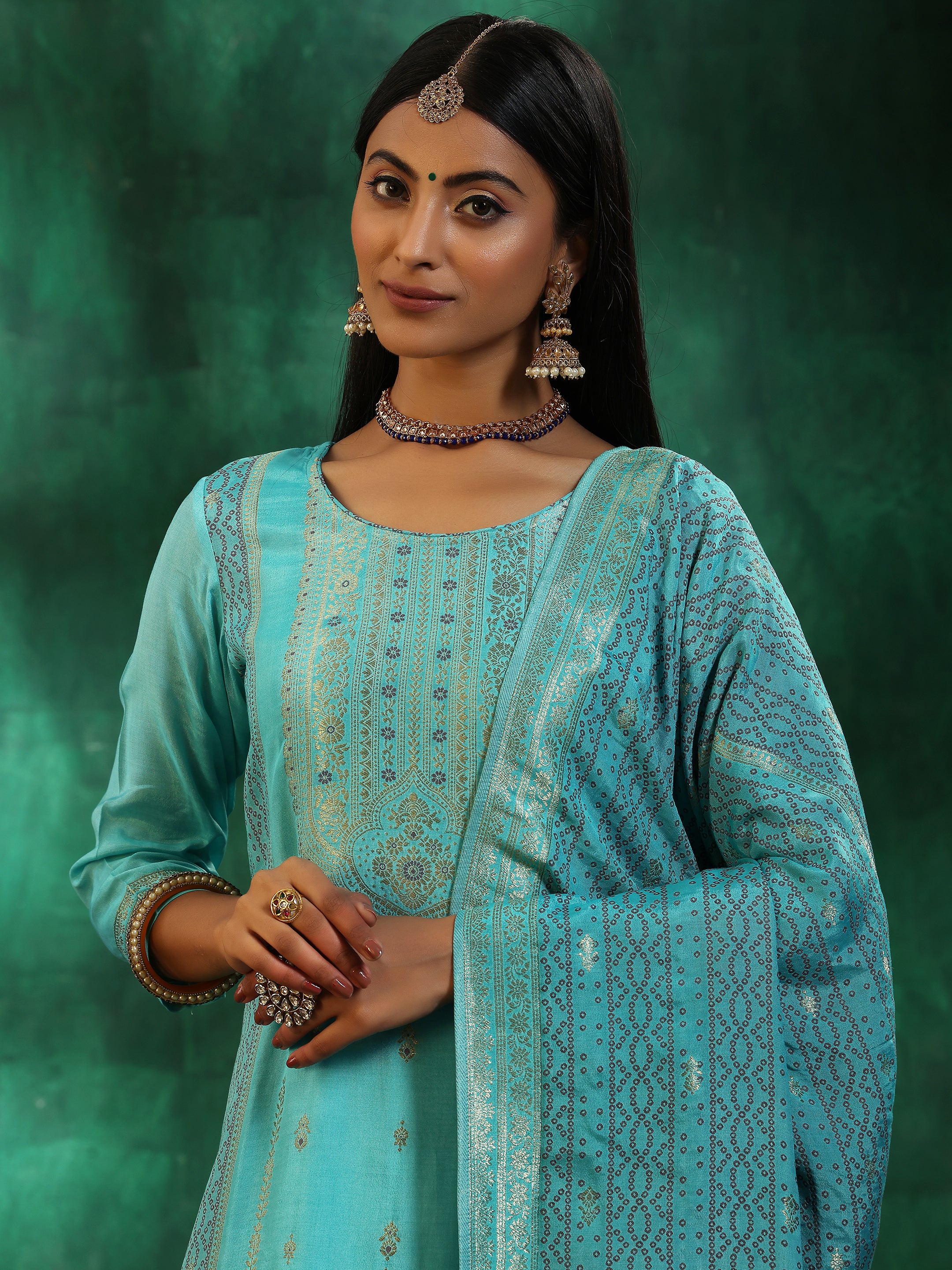 Turquoise Blue Woven Design Silk Blend Straight Suit With Dupatta