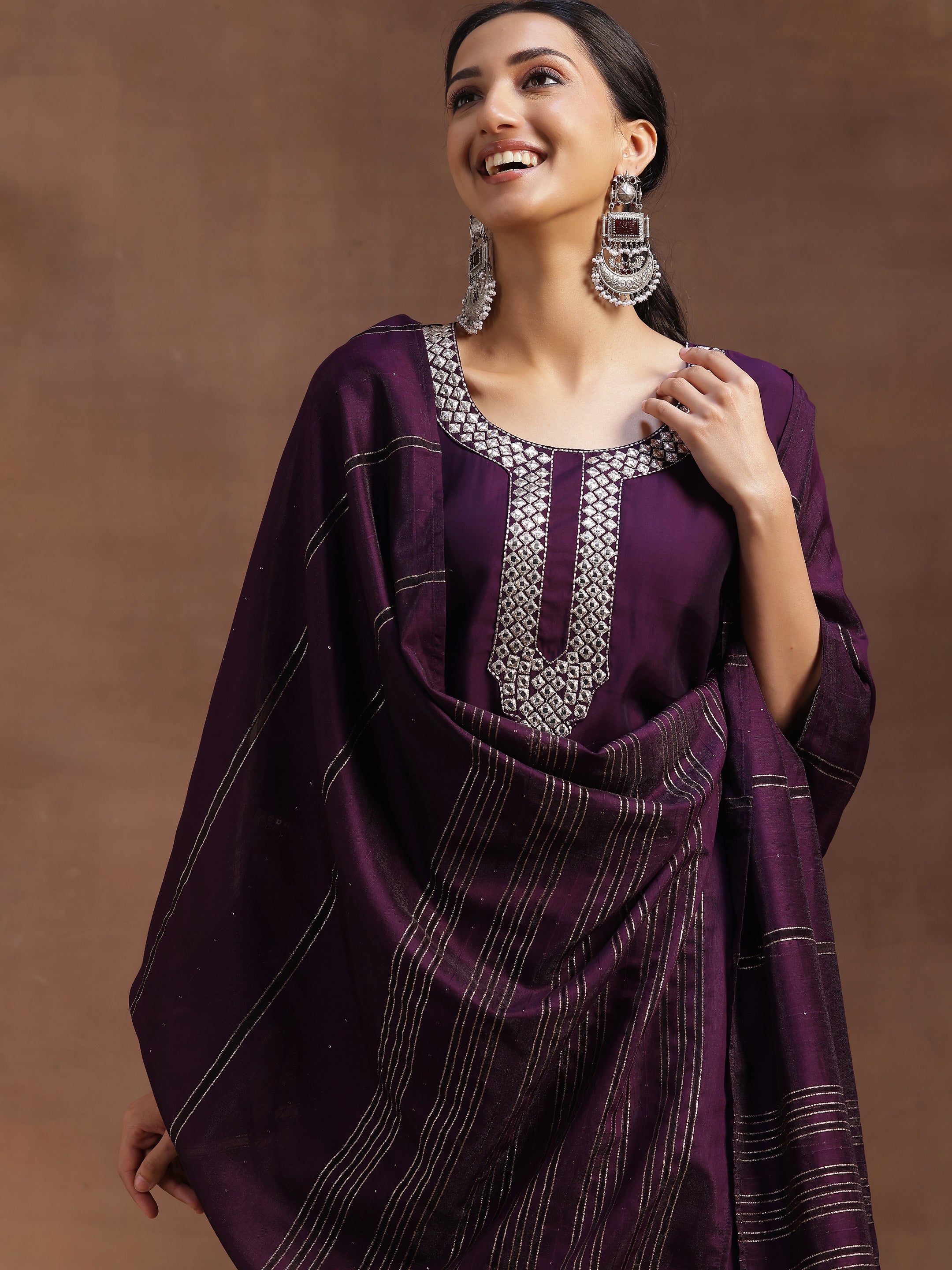 Purple Embroidered Silk Blend Straight Suit With Dupatta