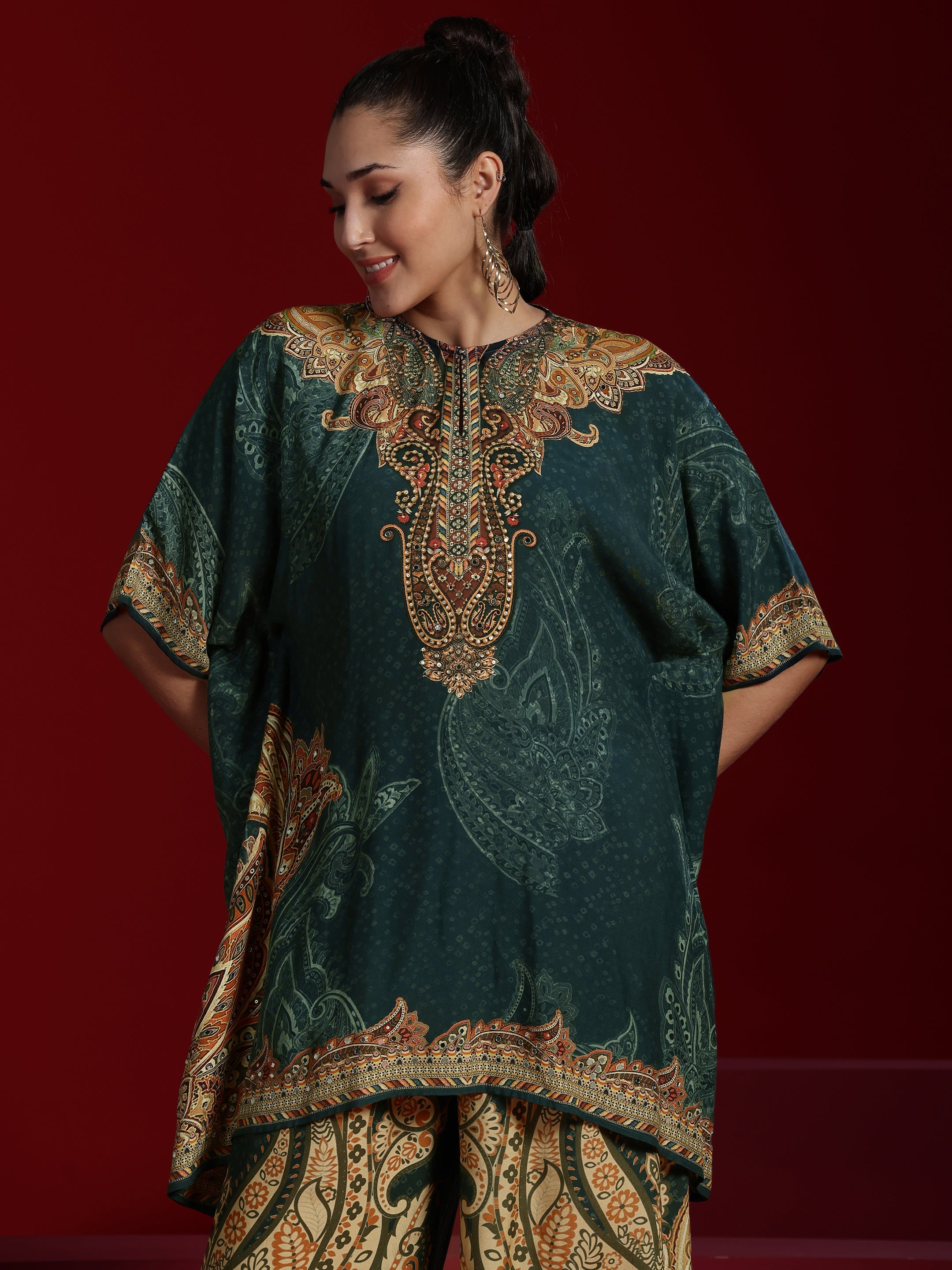 Libas Art Green Printed Silk Blend Straight Kurta With Palazzos