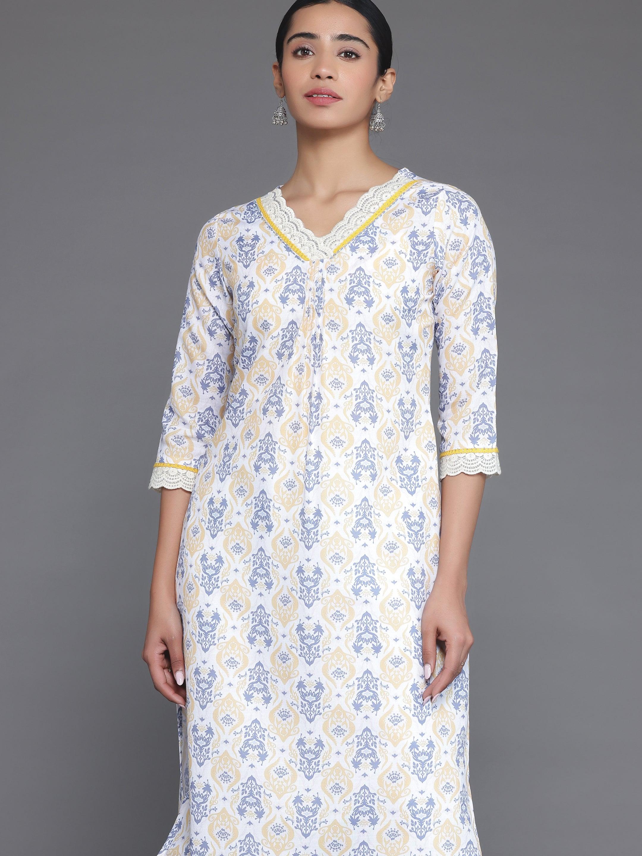 Off White Printed Cotton Straight Kurta