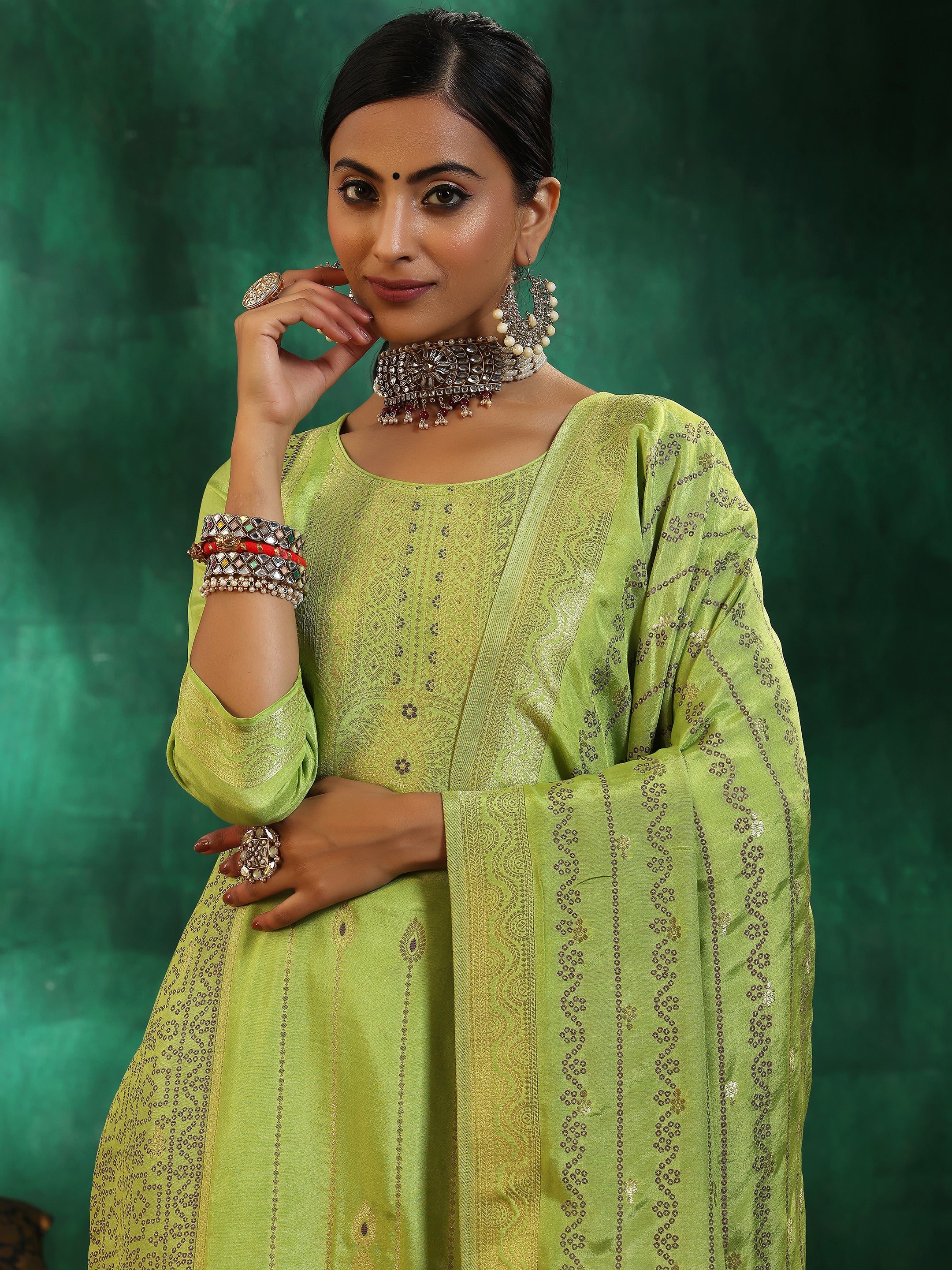 Green Woven Design Silk Blend Straight Suit With Dupatta