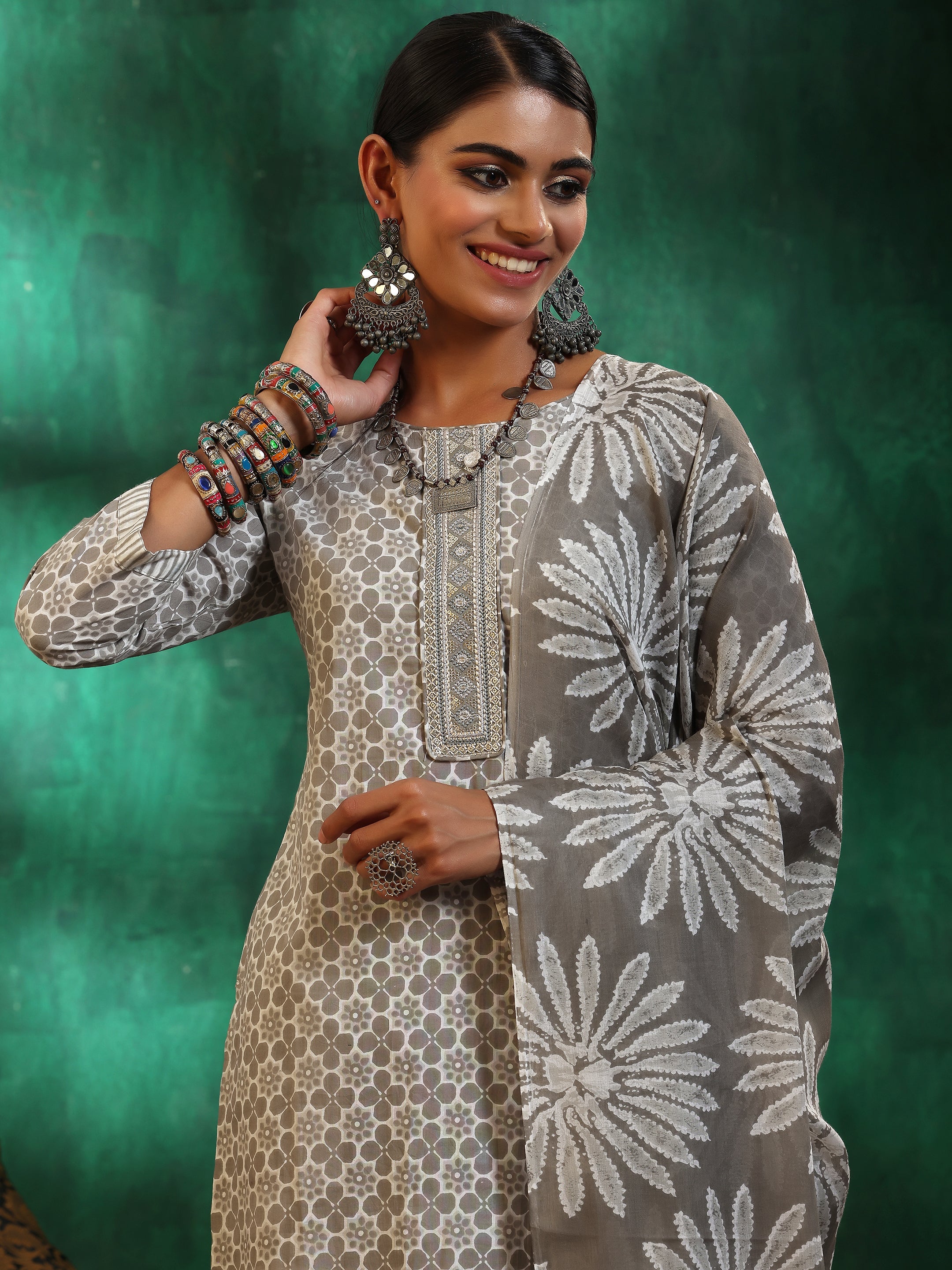 Grey Printed Cotton Straight Suit With Dupatta