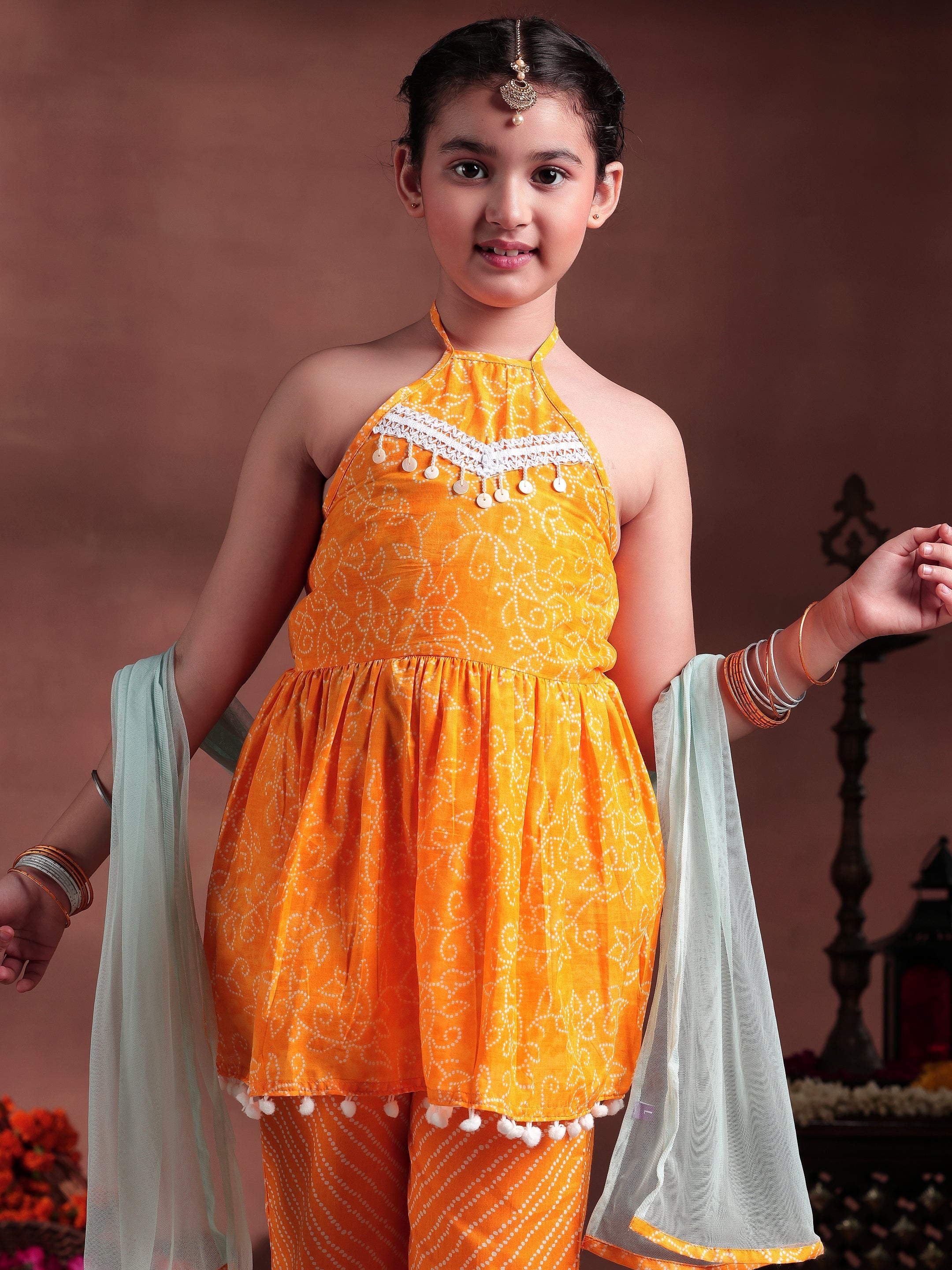 Kids Mustard Printed Cotton A-Line Top With Palazzos & Dupatta