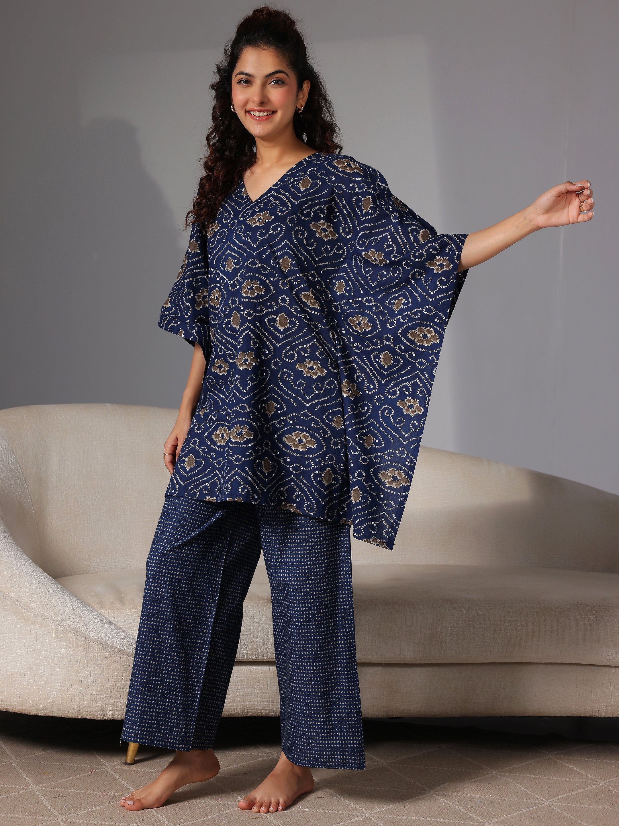 Blue Printed Cotton Night Suits