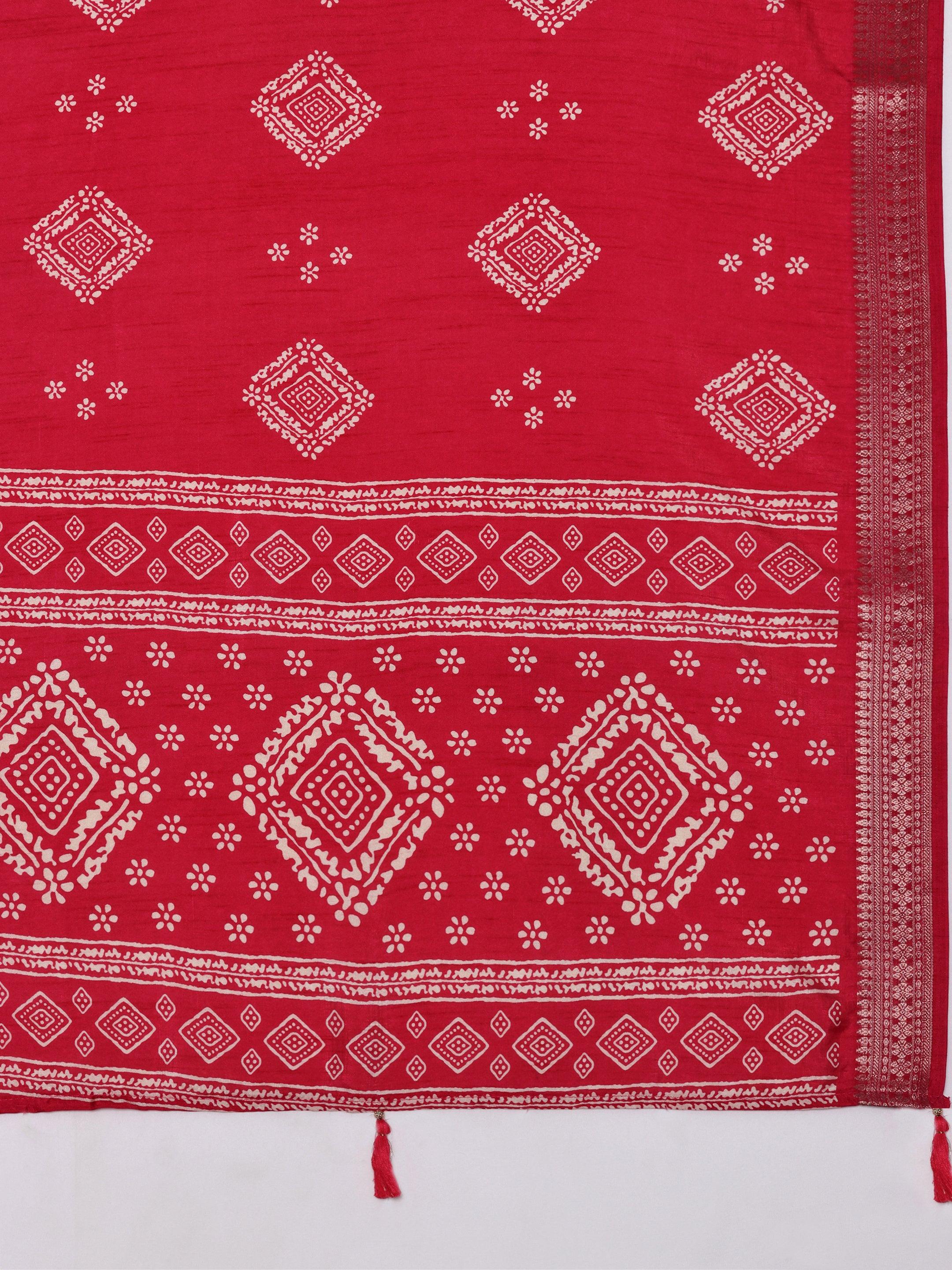 Pink Printed Silk Blend Saree With Unstitched Blouse Piece