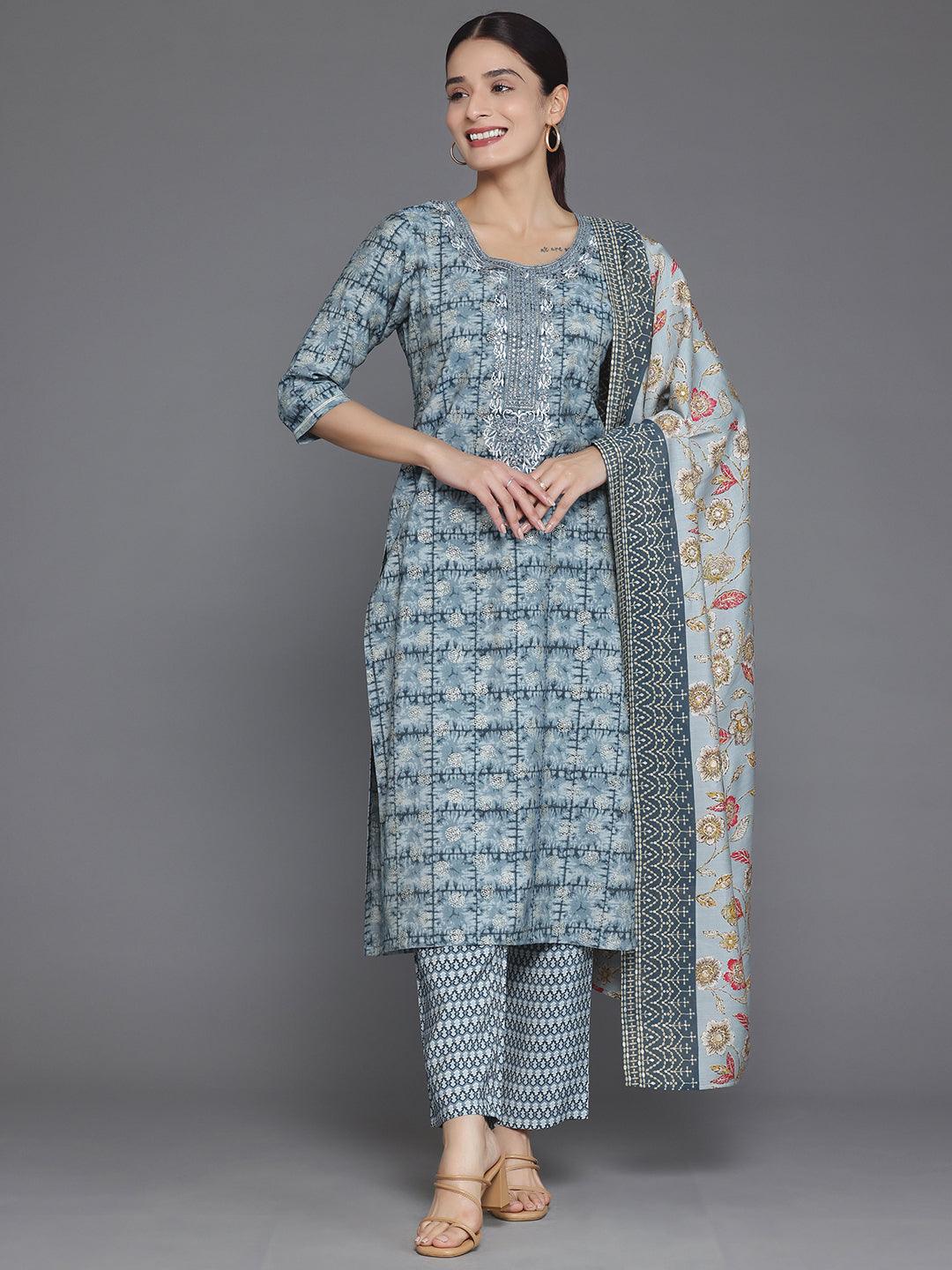 Grey Printed Silk Blend Straight Suit With Dupatta