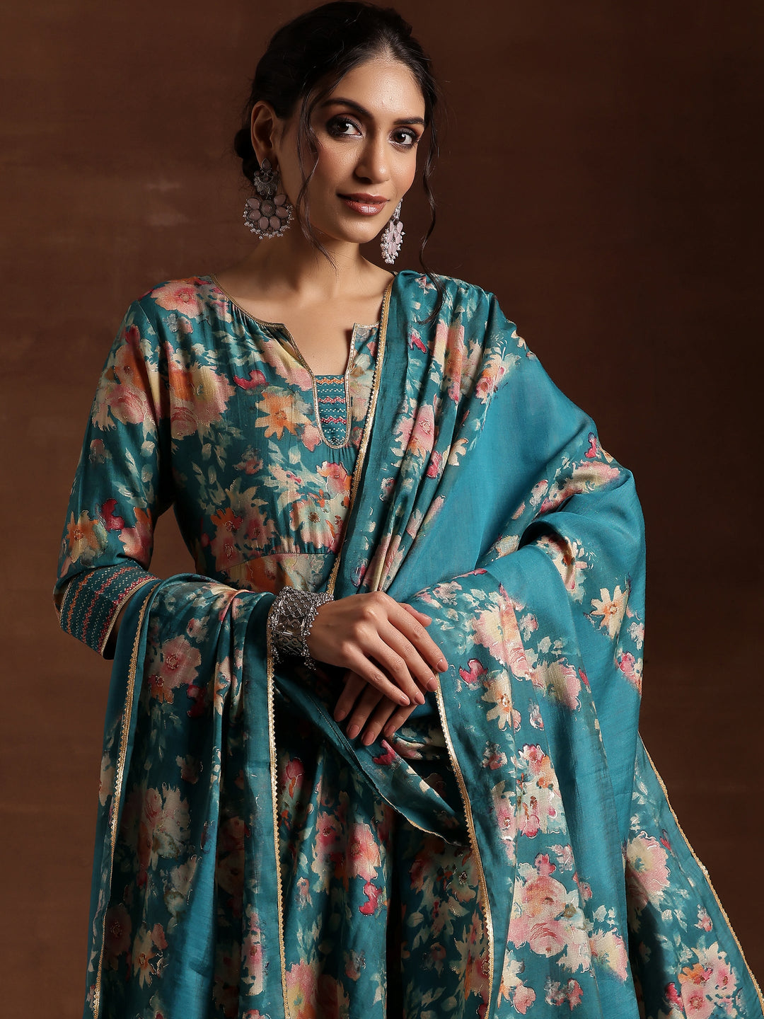 Blue Printed Silk Blend Anarkali Suit With Dupatta