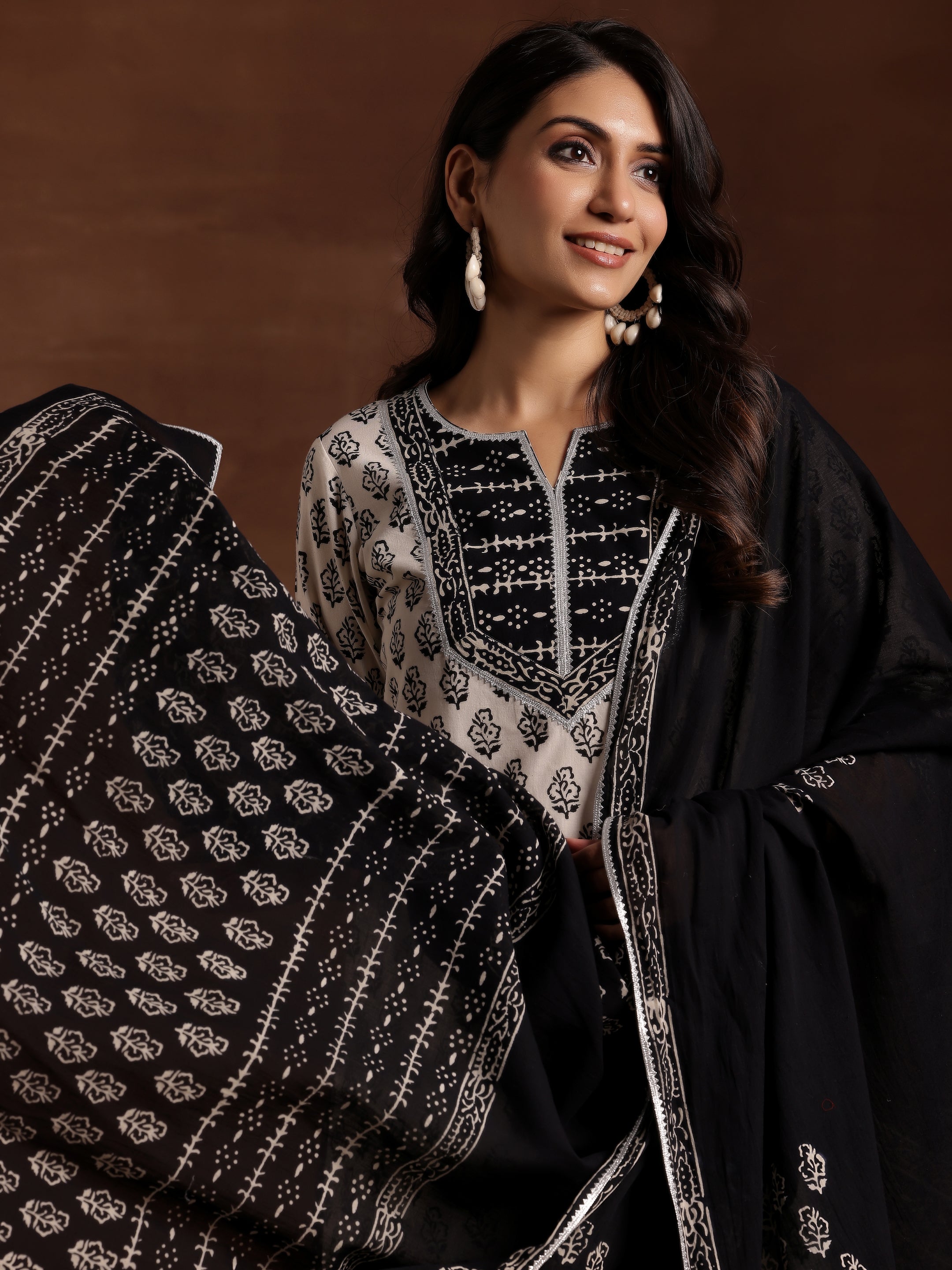 Monochrome Printed Cotton Straight Suit With Dupatta