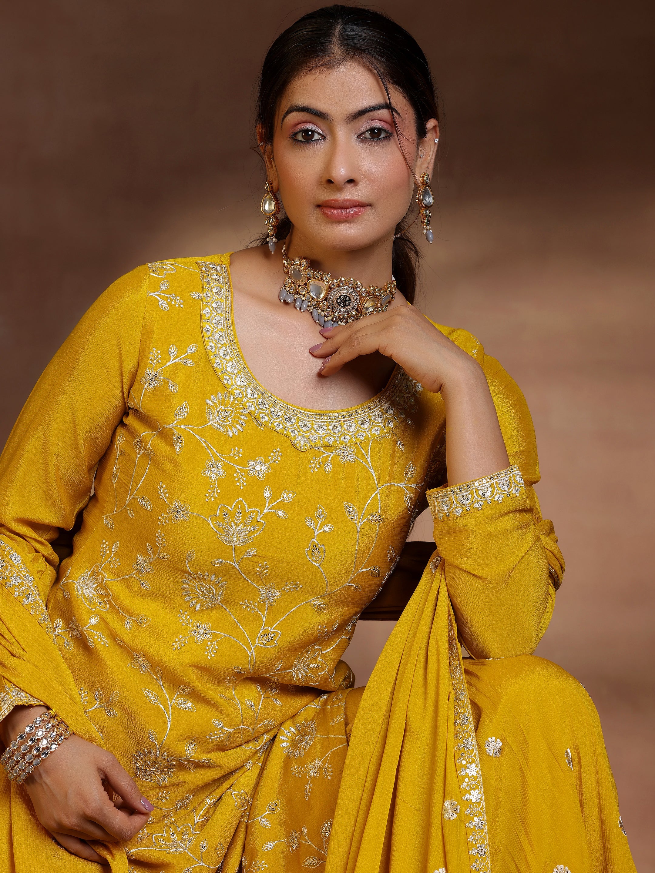 Mustard Embroidered Silk Blend Straight Suit With Dupatta