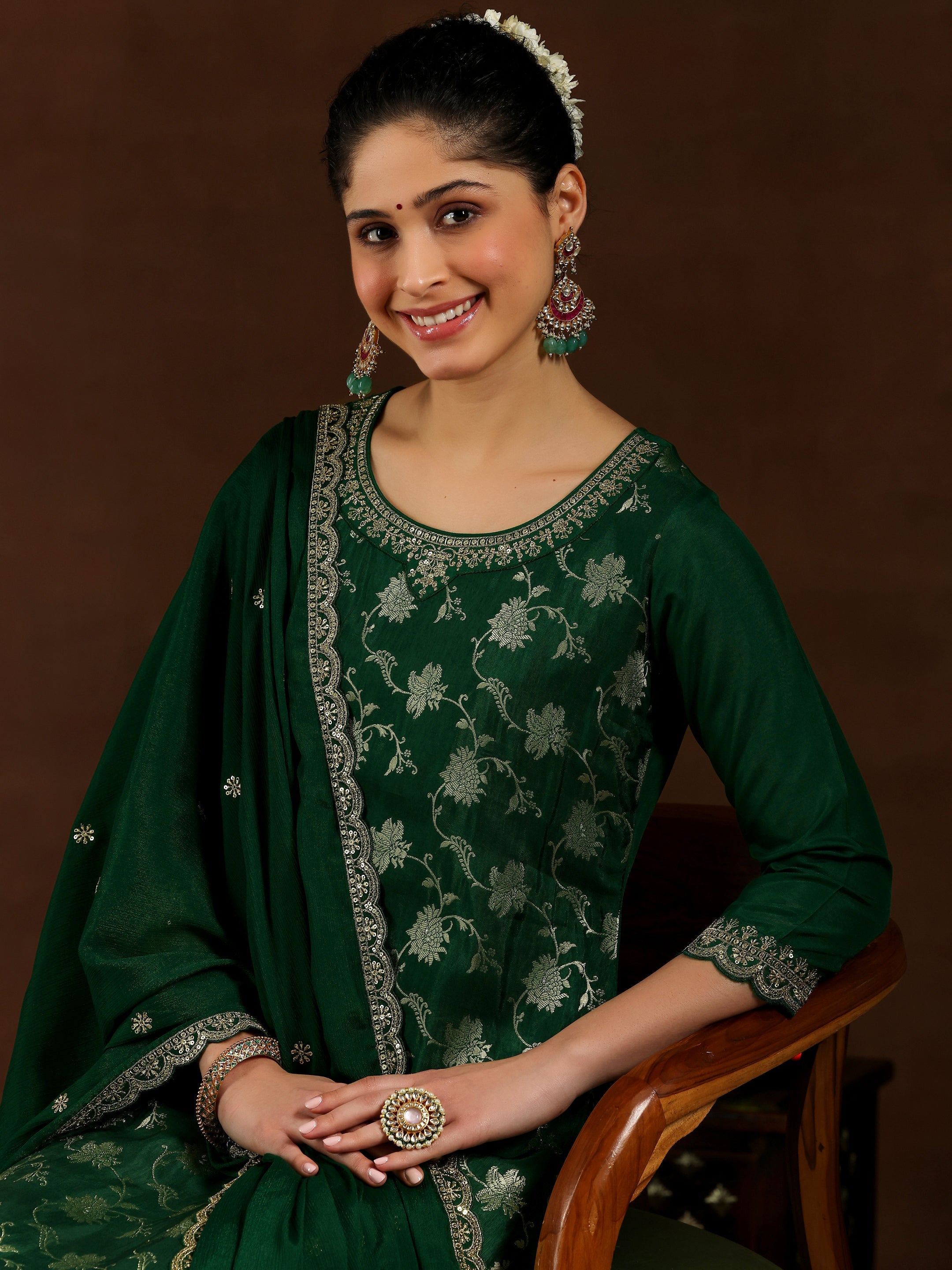 Green Woven Design Silk Blend Straight Suit With Dupatta