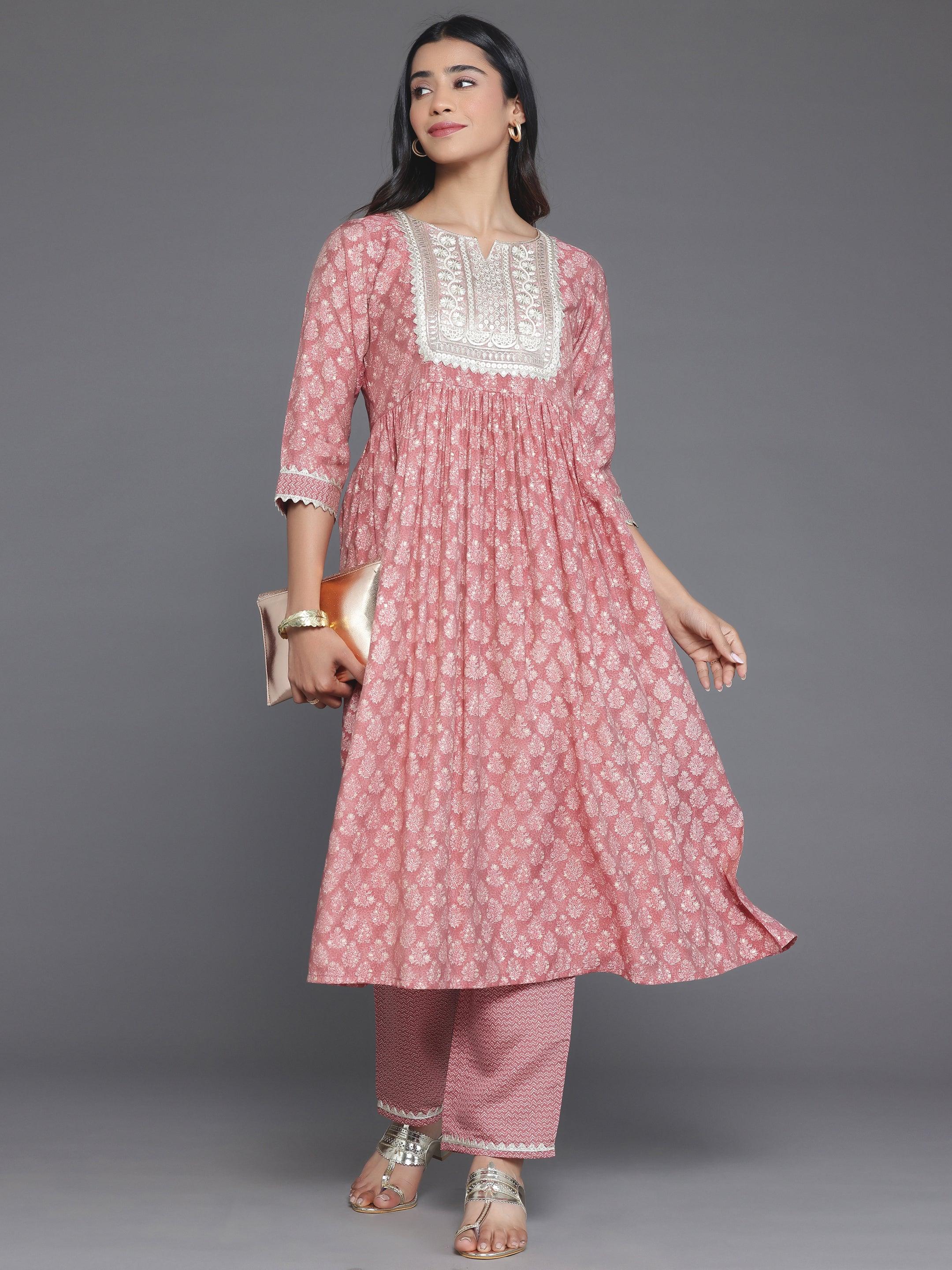 Mauve Printed Silk Blend A-Line Kurta With Palazzos