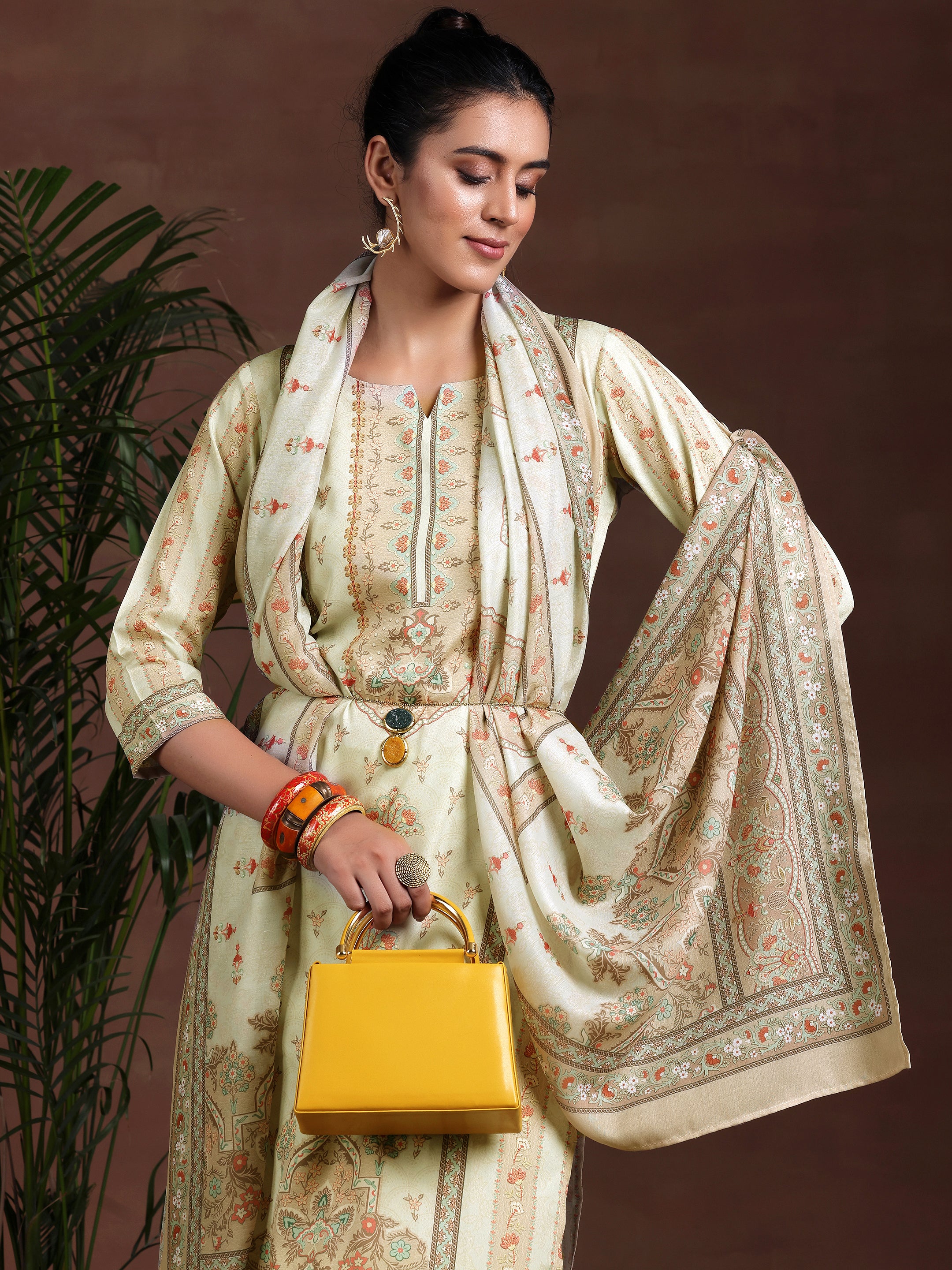 Beige Printed Poly Crepe Straight Suit With Dupatta