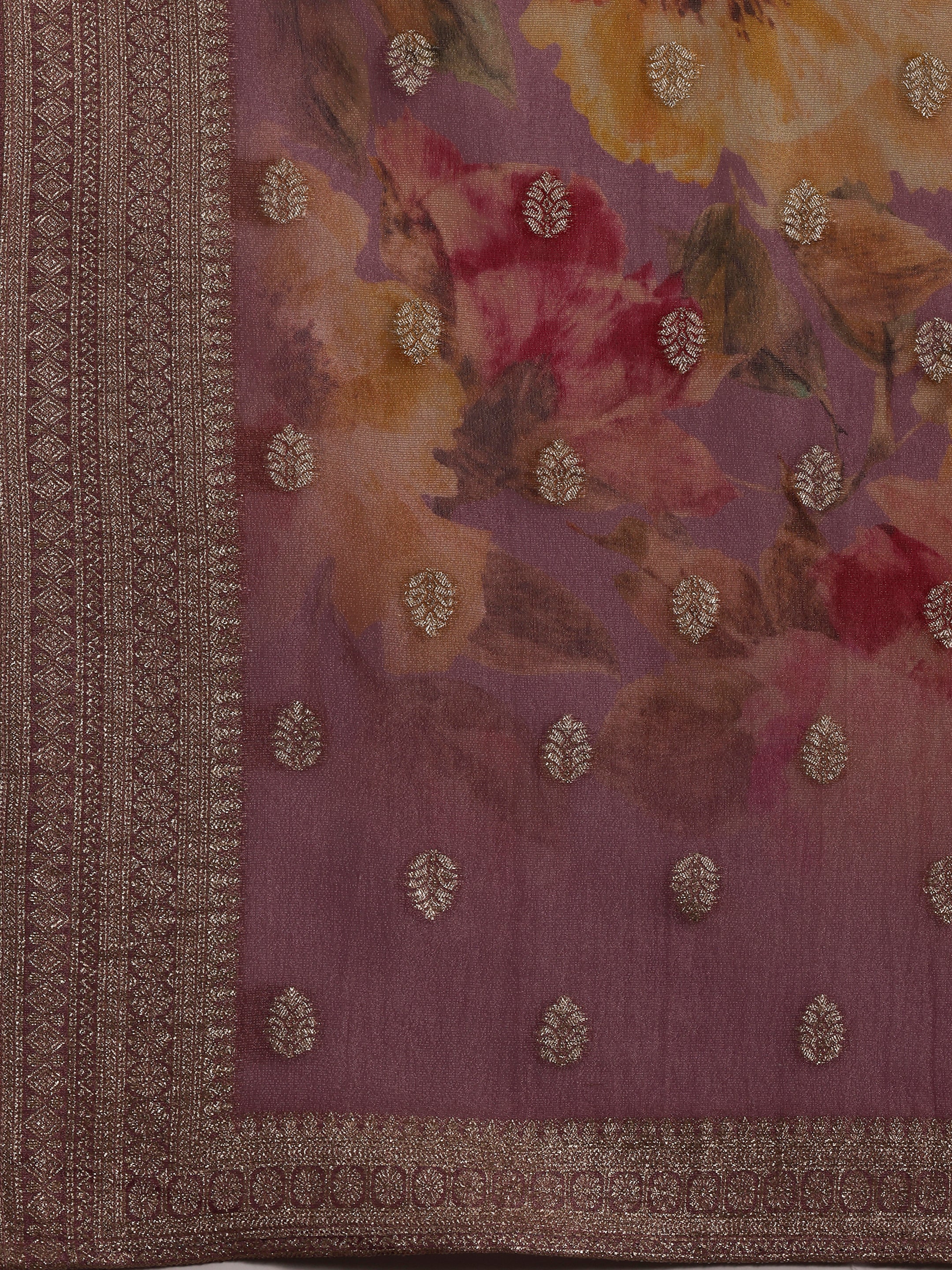 Mauve Woven Design Silk Blend Straight Kurta With Palazzos & Dupatta