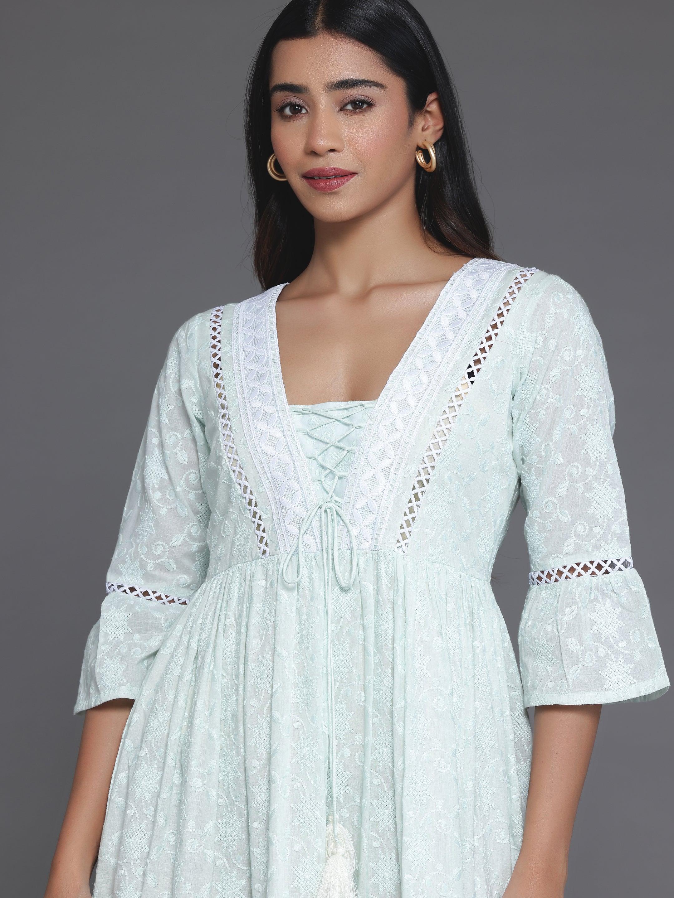 Sea Green Embroidered Cotton Fit and Flare Dress