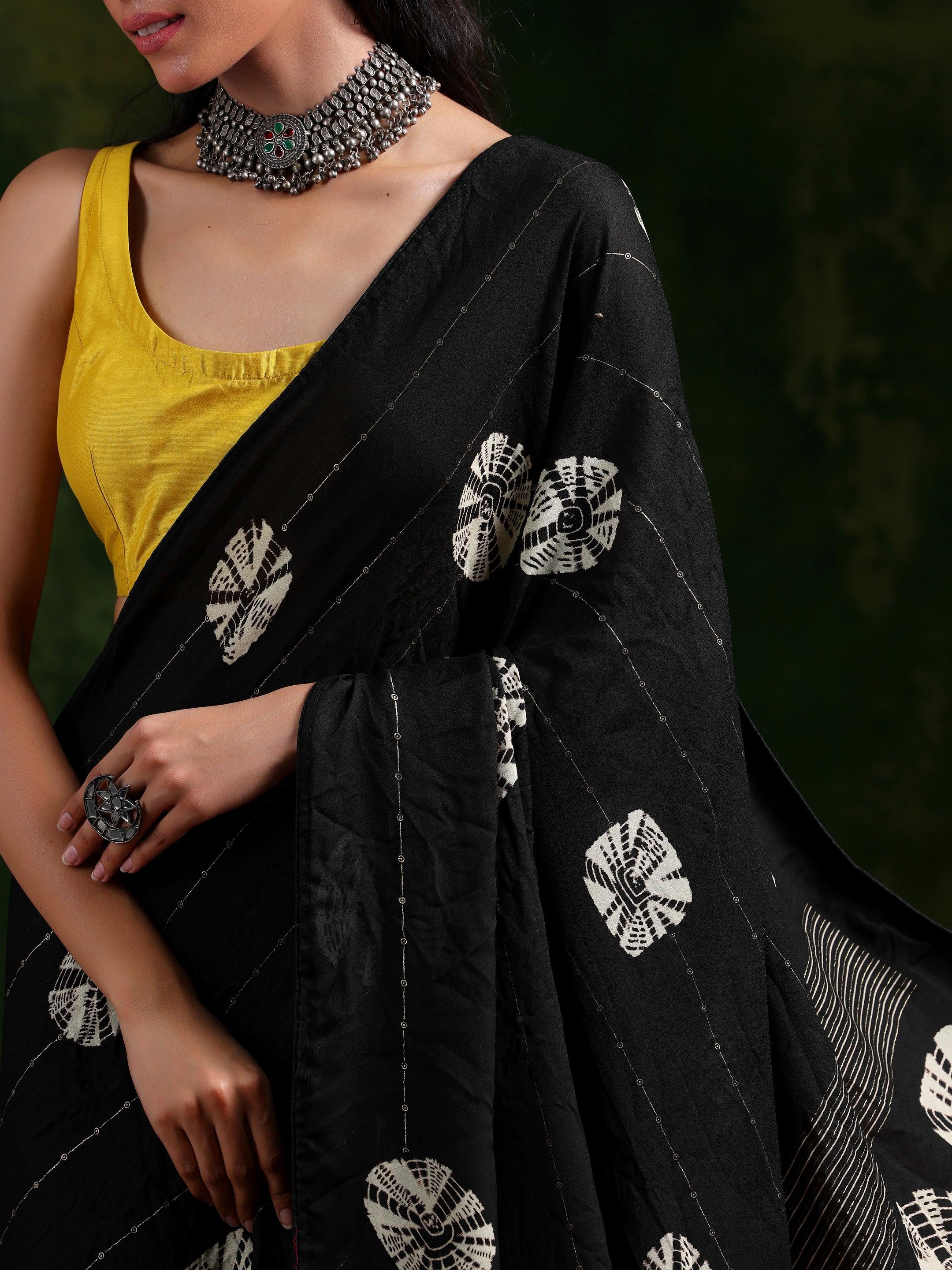 Black Printed Poly Chiffon Saree With Unstitched Blouse Piece