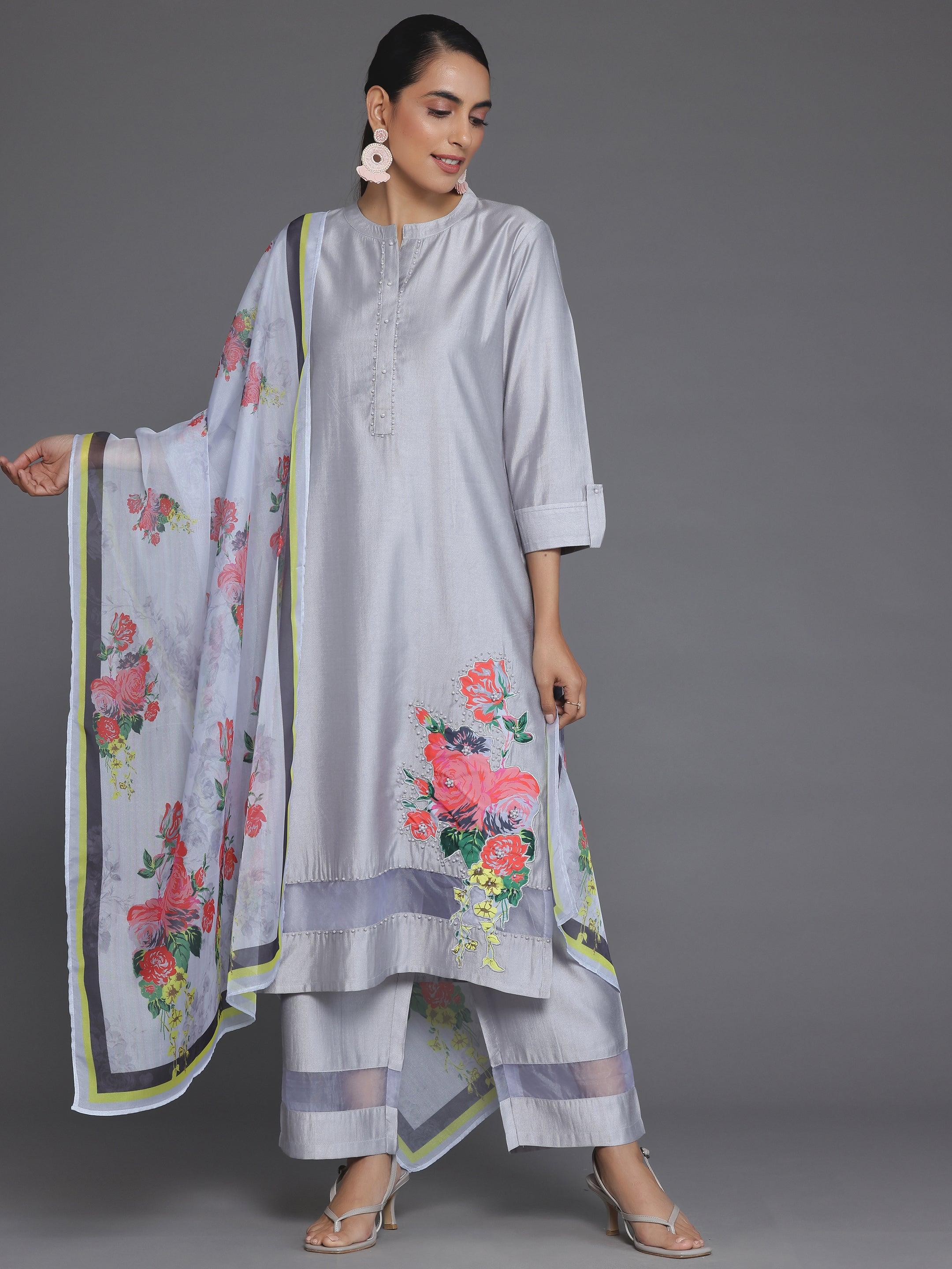 Grey Self Design Silk Blend Straight Suit With Dupatta