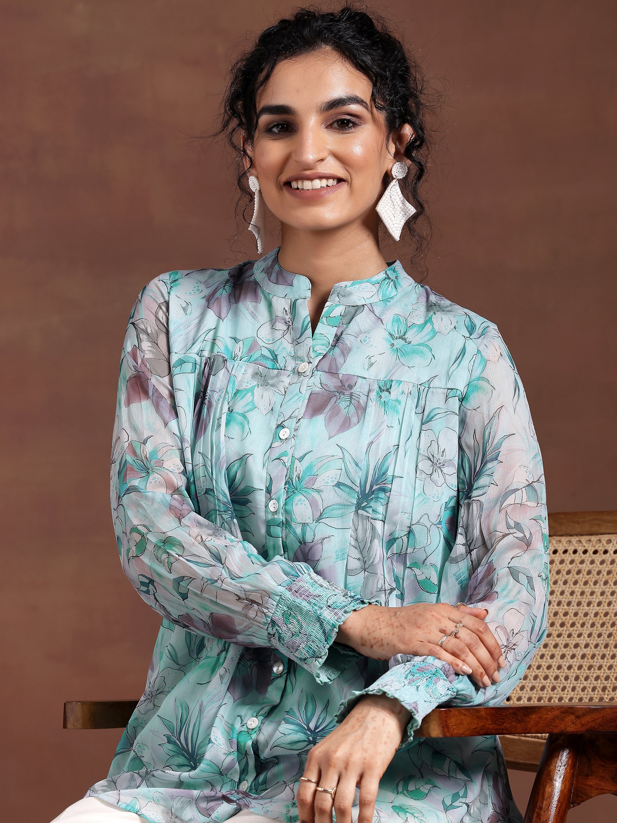 Blue Printed Chiffon A-Line Kurti