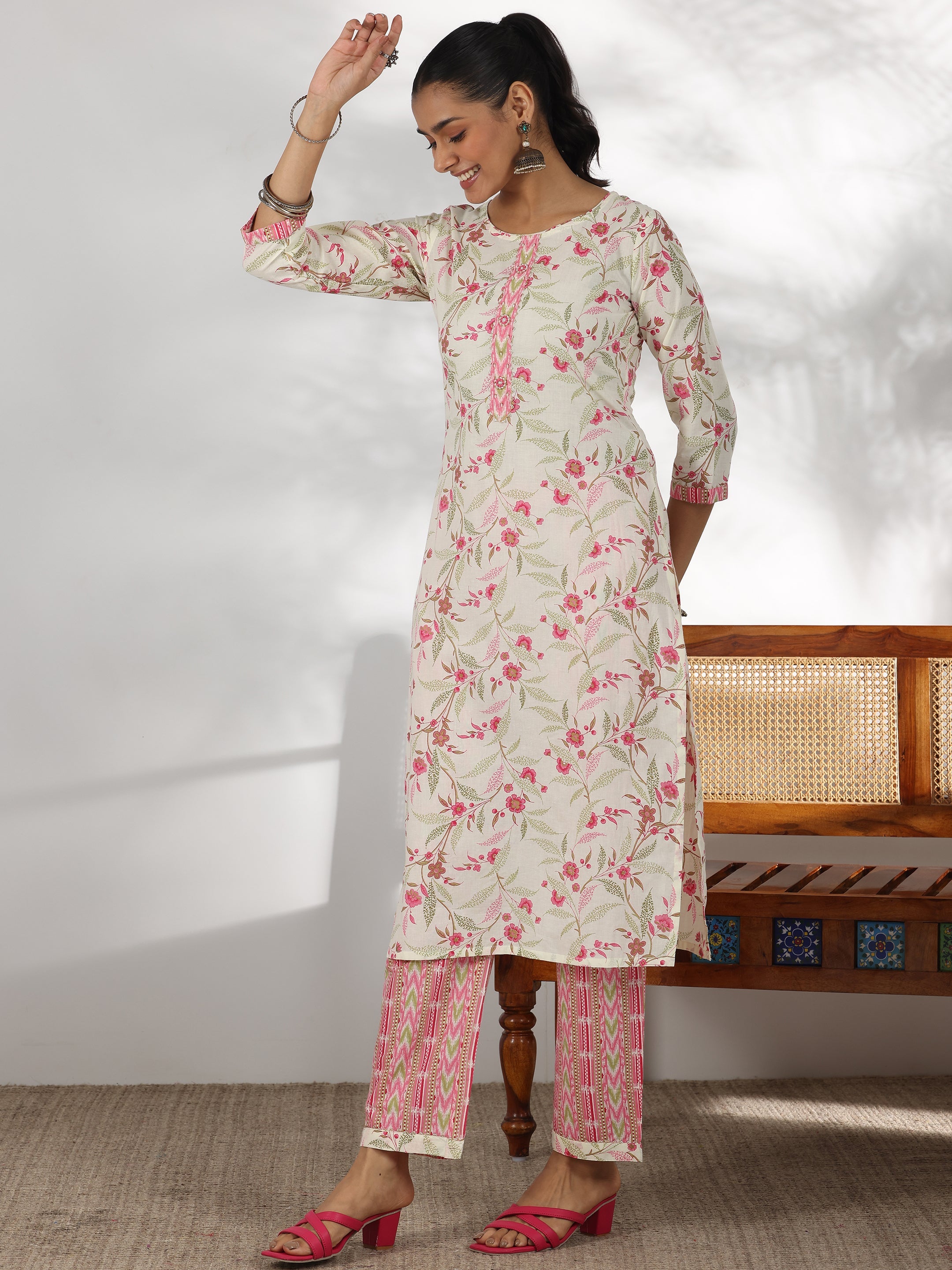 Off White Printed Cotton Straight Suit With Dupatta