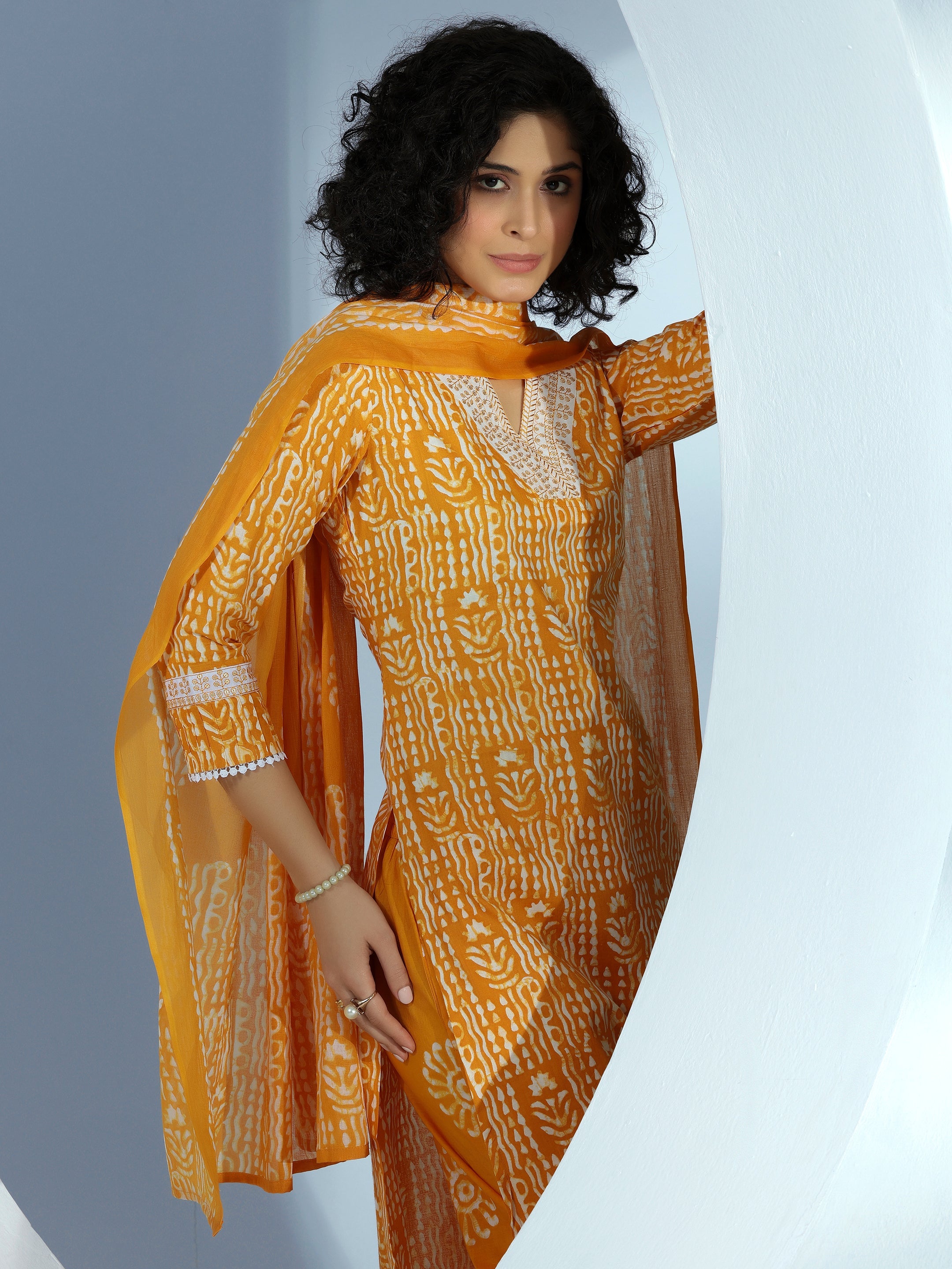 Mustard Printed Cotton Straight Suit With Dupatta